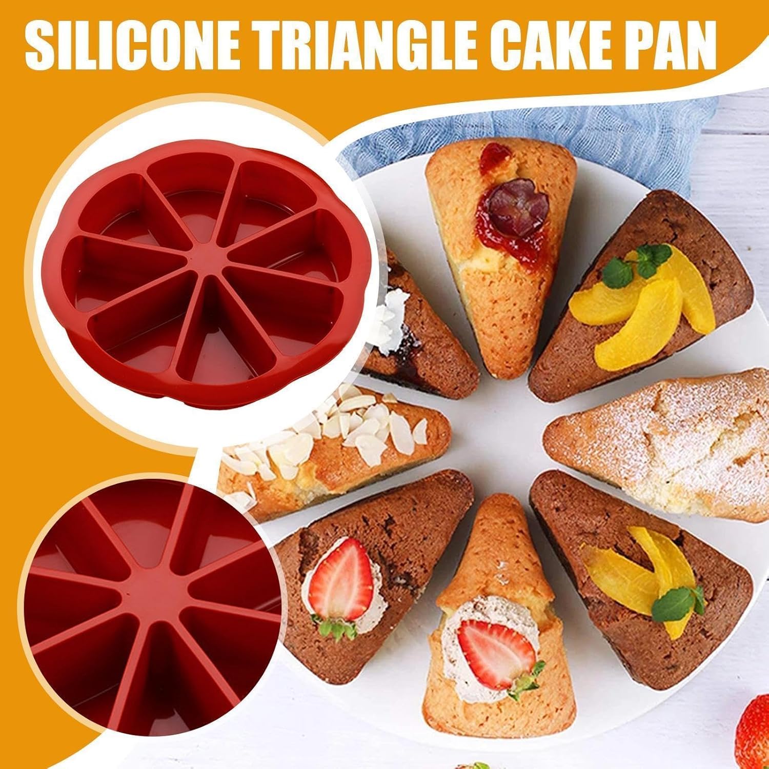 Silikon-Kuchenform mit 8 Mulden, antihaftbeschichtet, Pizzascheiben, Kuchenform, dreieckige Kuchenform, hitzebeständiges Backwerkzeug für Brownies, Muffins, Scone Pizza, Seife (2 Stück blau + rot)