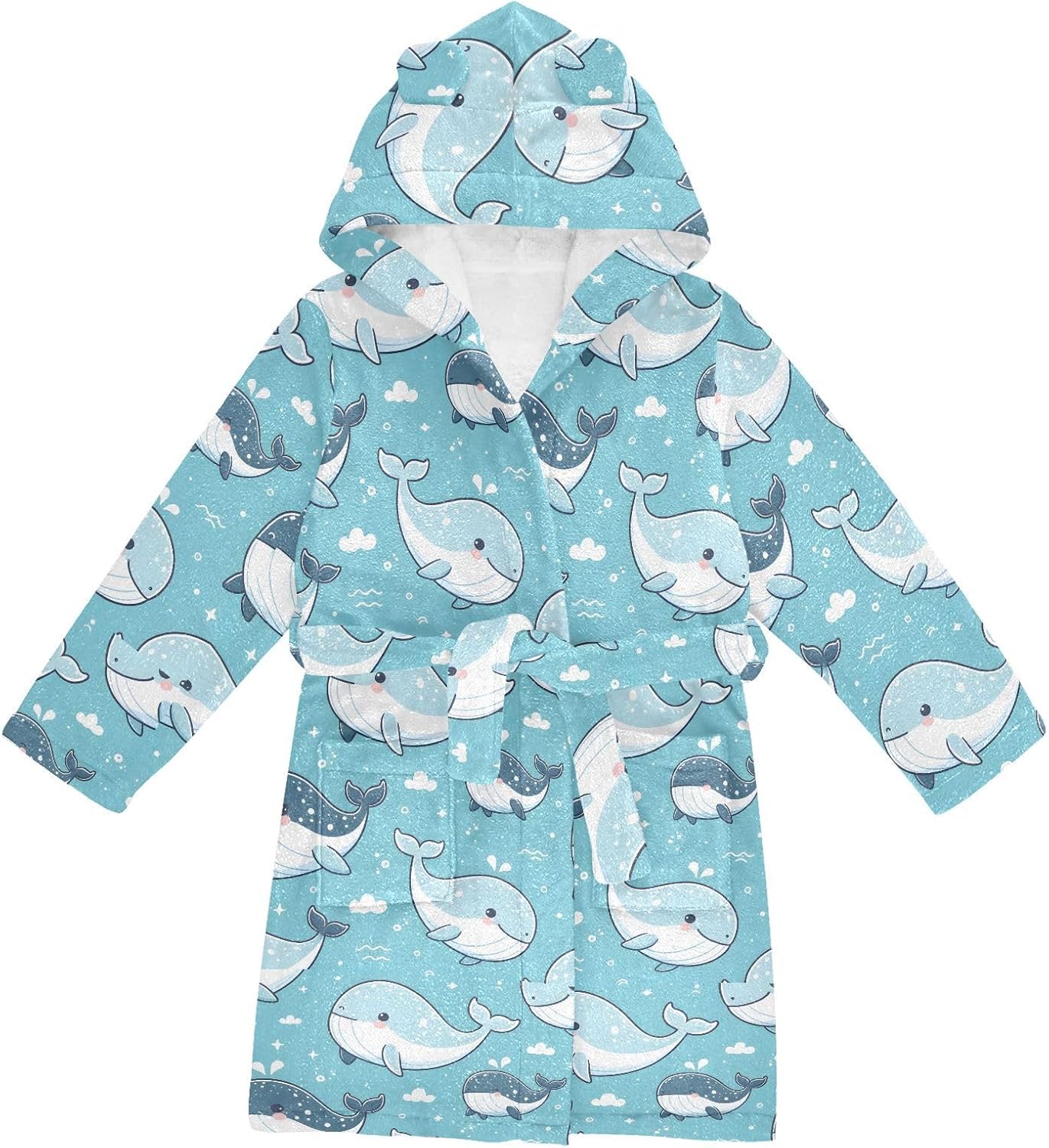 senya Cute Whale Swimming Toddler Hooded Bathrobe Kids Soft Plush Bath Towel Robes for Boys Girls 2-12 Years