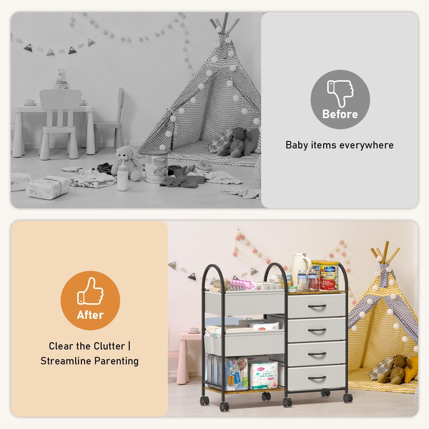 Baby Diaper Caddy Organizer Cart with Wheels, 4-Tier Rolling Diaper Cart with Dividers and Drawers, Multi-Layer Nursery Storage for Diapers & Baby Essentials