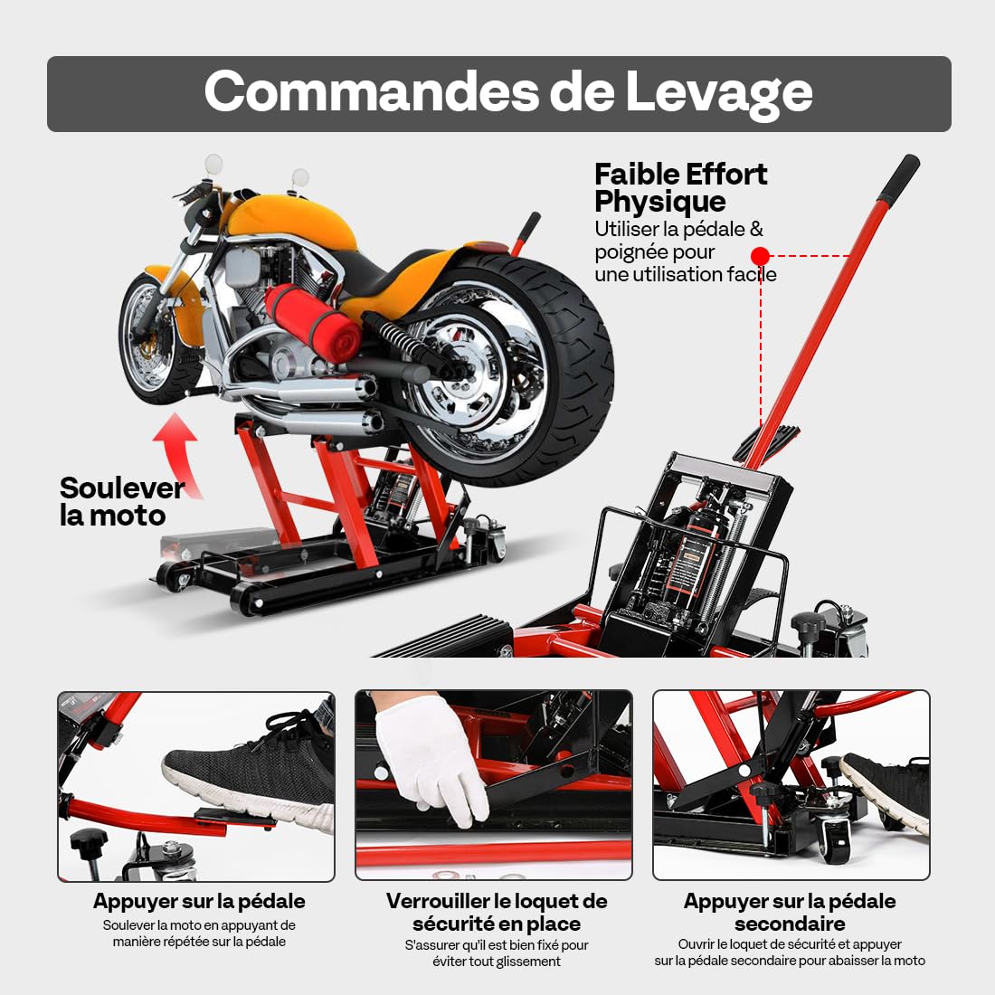 VIVOHOME Cric de Levage hydraulique pour Moto Capacité de 680kg en Acier avec Roues et poignée pour Motos, VTT, Motos Tout-Terrain Rouge