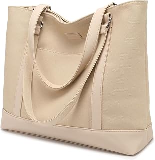 Laptop Bag for Women - Teacher Canvas Tote Bag with Compartments, Work Tote Bag for Travel Office 15.6 Inch