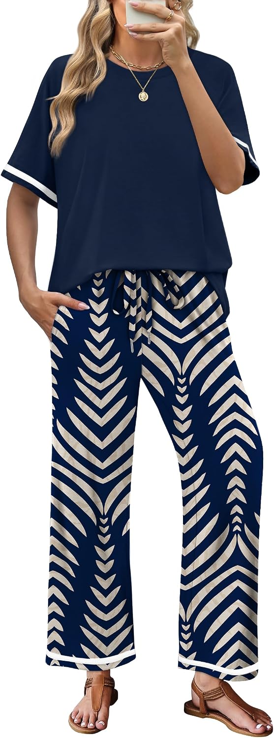 Sampeel 2 Piece Sets for Women Casual Summer Travel Vacation Outfits Short Sleeve Lounge Set