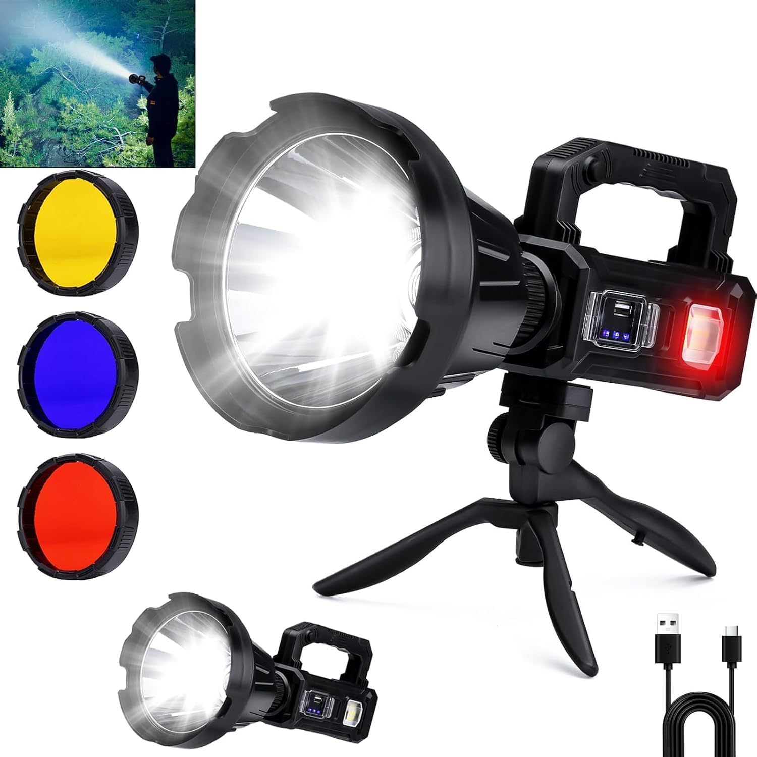 Rechargeable Spotlight Flashlight, Peascat 2,000,000L Lumens LED Handheld Spot Light, 350° Rotatable, 9 Modes, Solar & USB-C Charging, Waterproof, Emergency Flashlight for Camping, Outdoor, Car Repair