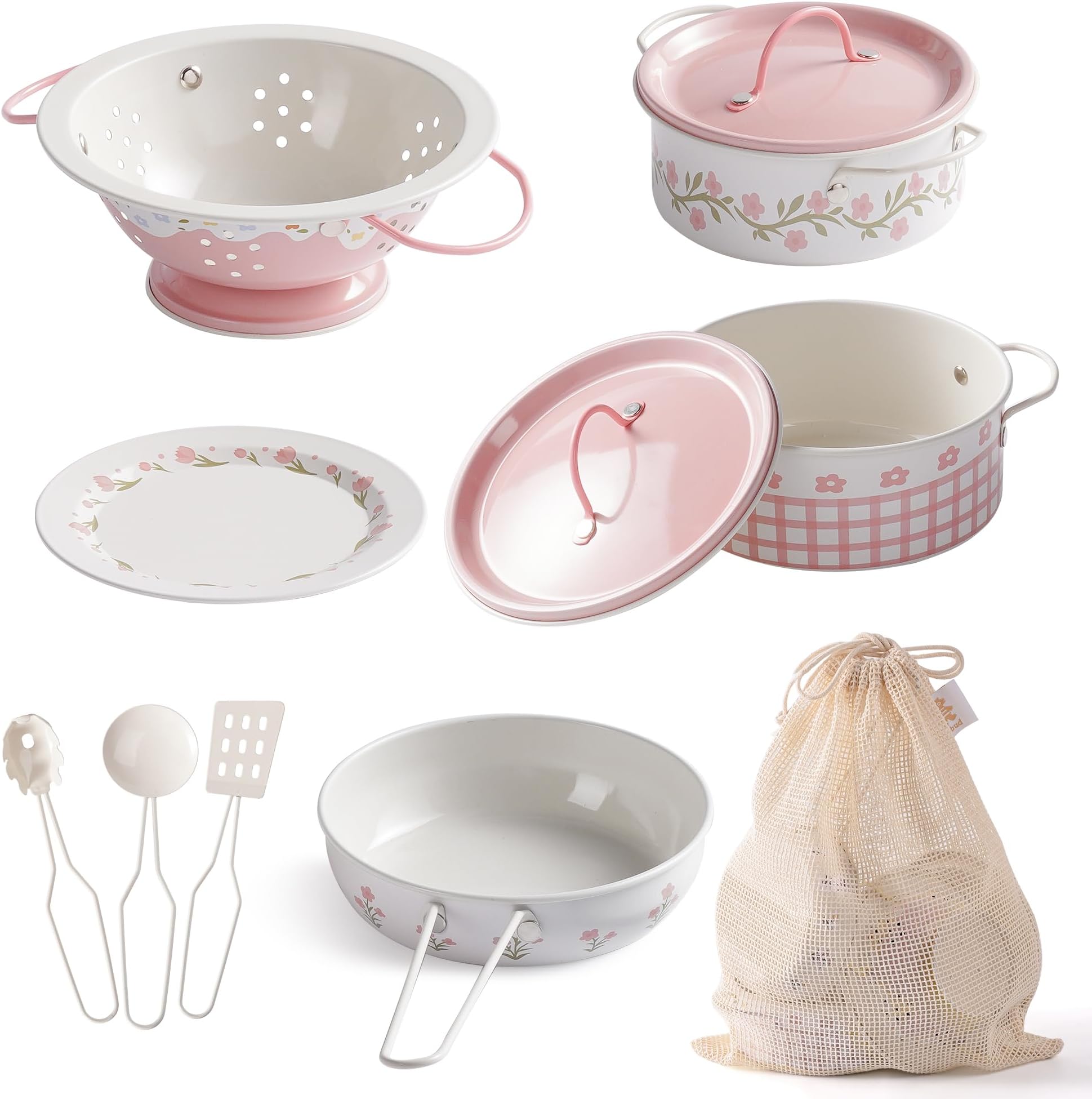 Play Pots and Pans Sets for Kids Kitchen, Play Kitchen Accessories Pretend Cooking, Cartoon Pink Stainless Steel Pots and Pans Metal, Kids Kitchen Playset, Mini Toy Kitchen Accessories(9 Pieces)