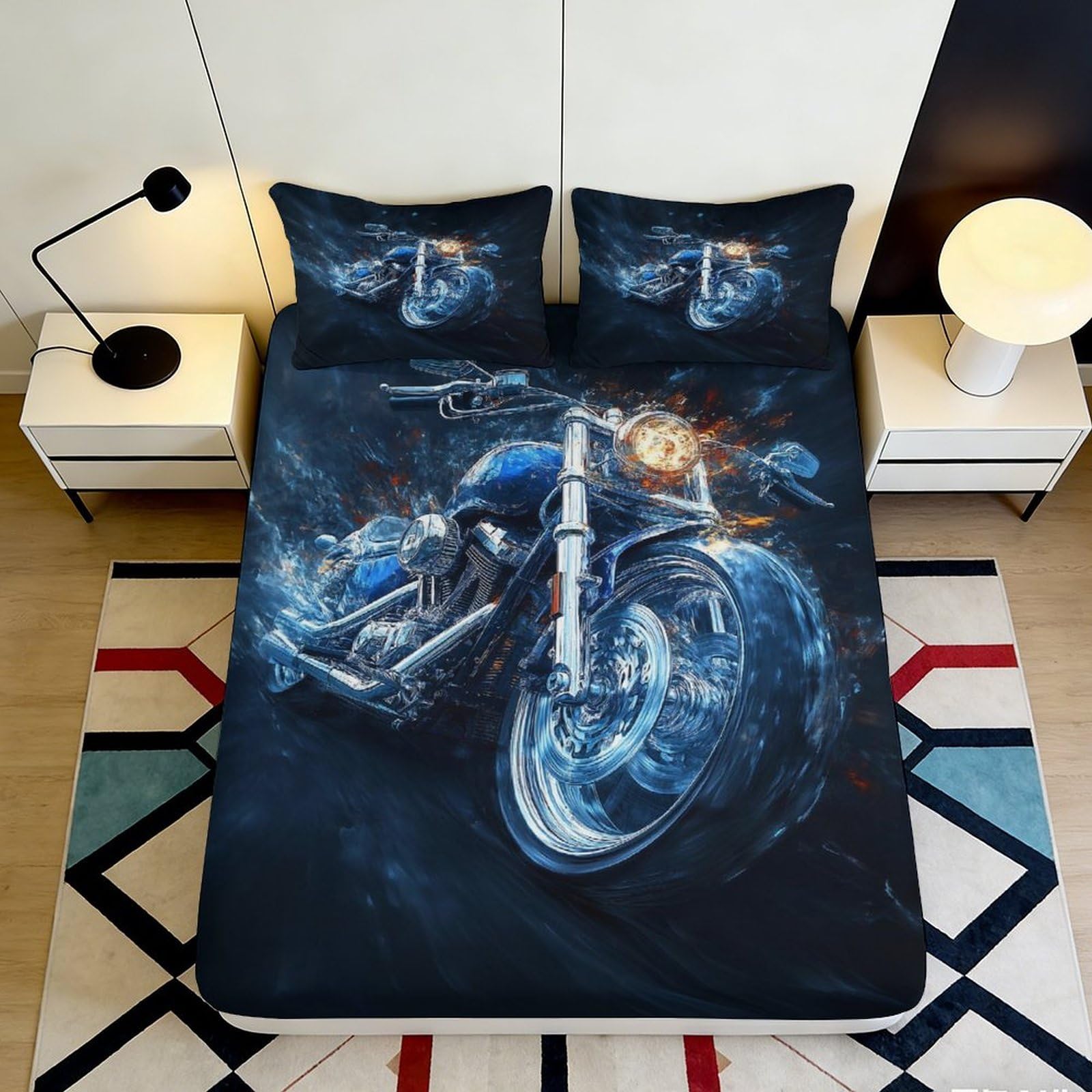 3D Printed Blue Motorcycle Fitted Sheet Microfiber Soft Non-Slip Fire Explosion Bed Cover for Bedroom Guest Room Decor 90x200x25cm