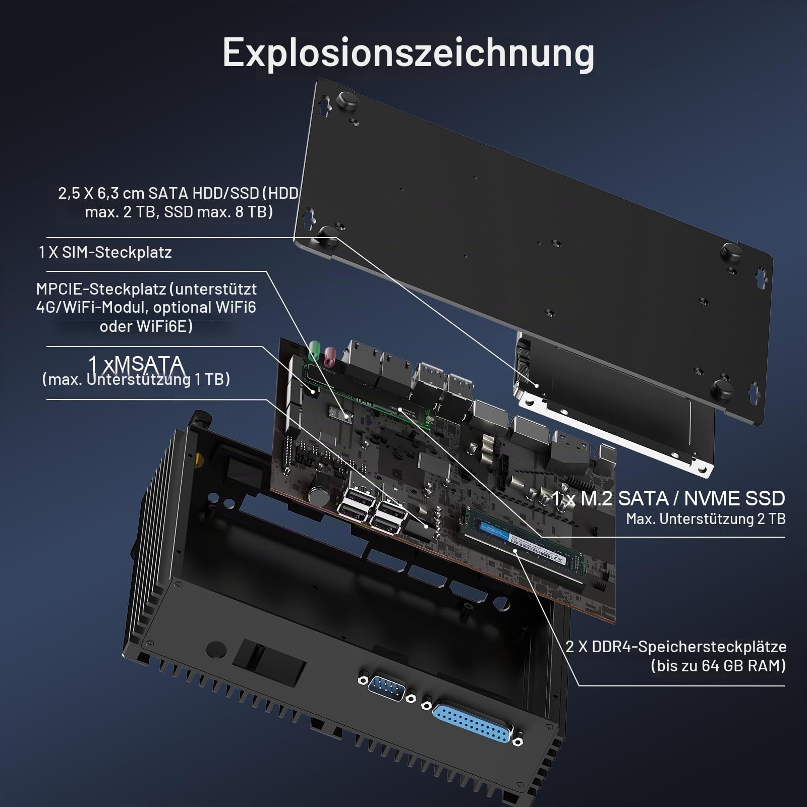 HISTTON Mini PC Lüfterlos Industrie PC Quad Core i7-8550U DDR4 16GB RAM 512GB SSD, 4 RS232 COM+2 RS232/485 COM, 2 LAN, HD 2.0, DP, EDP, LPT, WiFi, Mini Desktop PC Windows 11 Pro/Linux Ubuntu