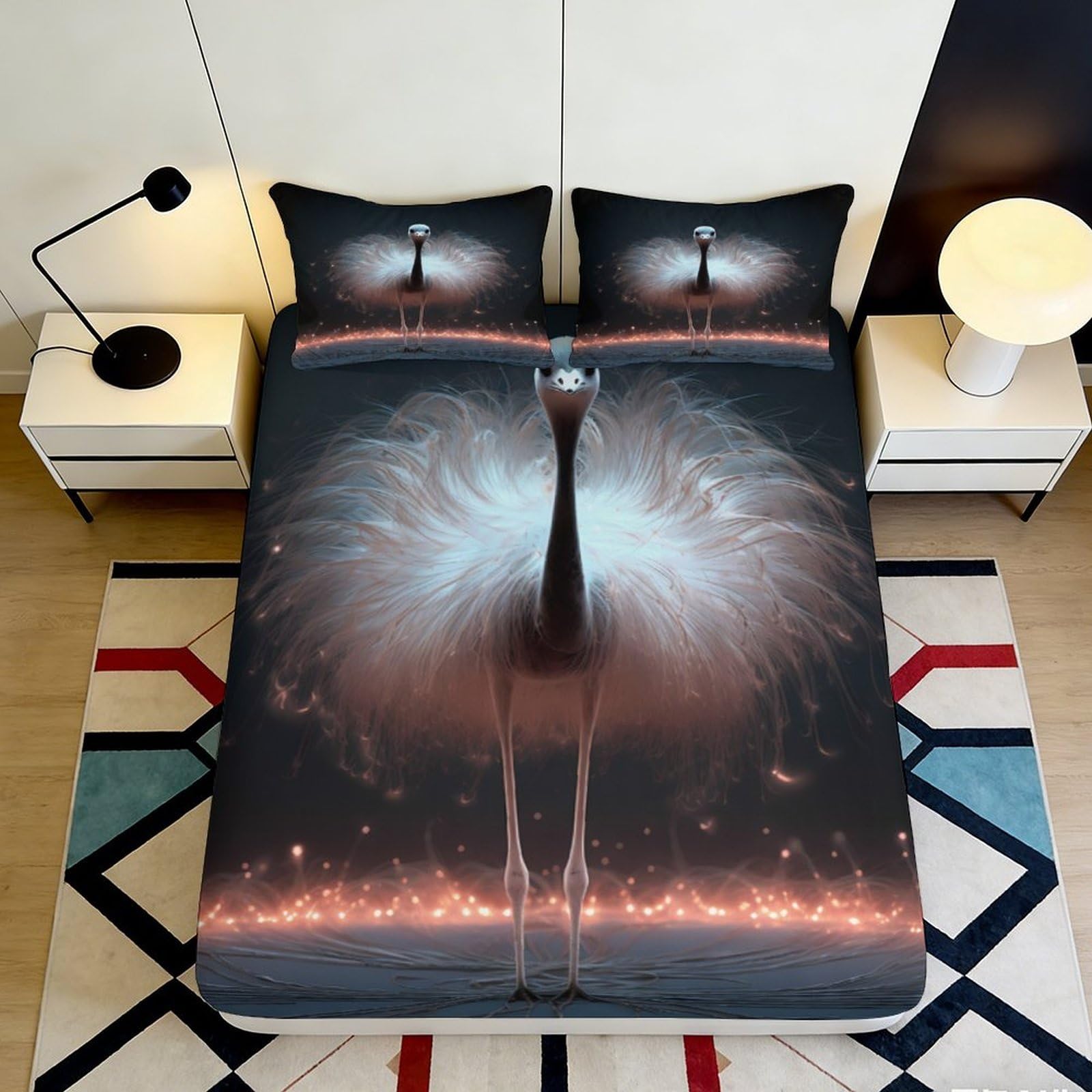 3D Printed Peacock Feather Fitted Sheet Microfiber Deep Pocket Bedroom Bedding Peacock Feather Mattress Fitted Cover Non-Slip Washable 200x200x25cm