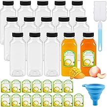 15 Pcs Juice Bottles 500ml/16oz, Shot Bottles with Lids Reusable Mini Plastic Bottle Set with Funnel, Cleaning Brushes, Stickers for Storing Juices, Drinks, Milk, Water (Black)