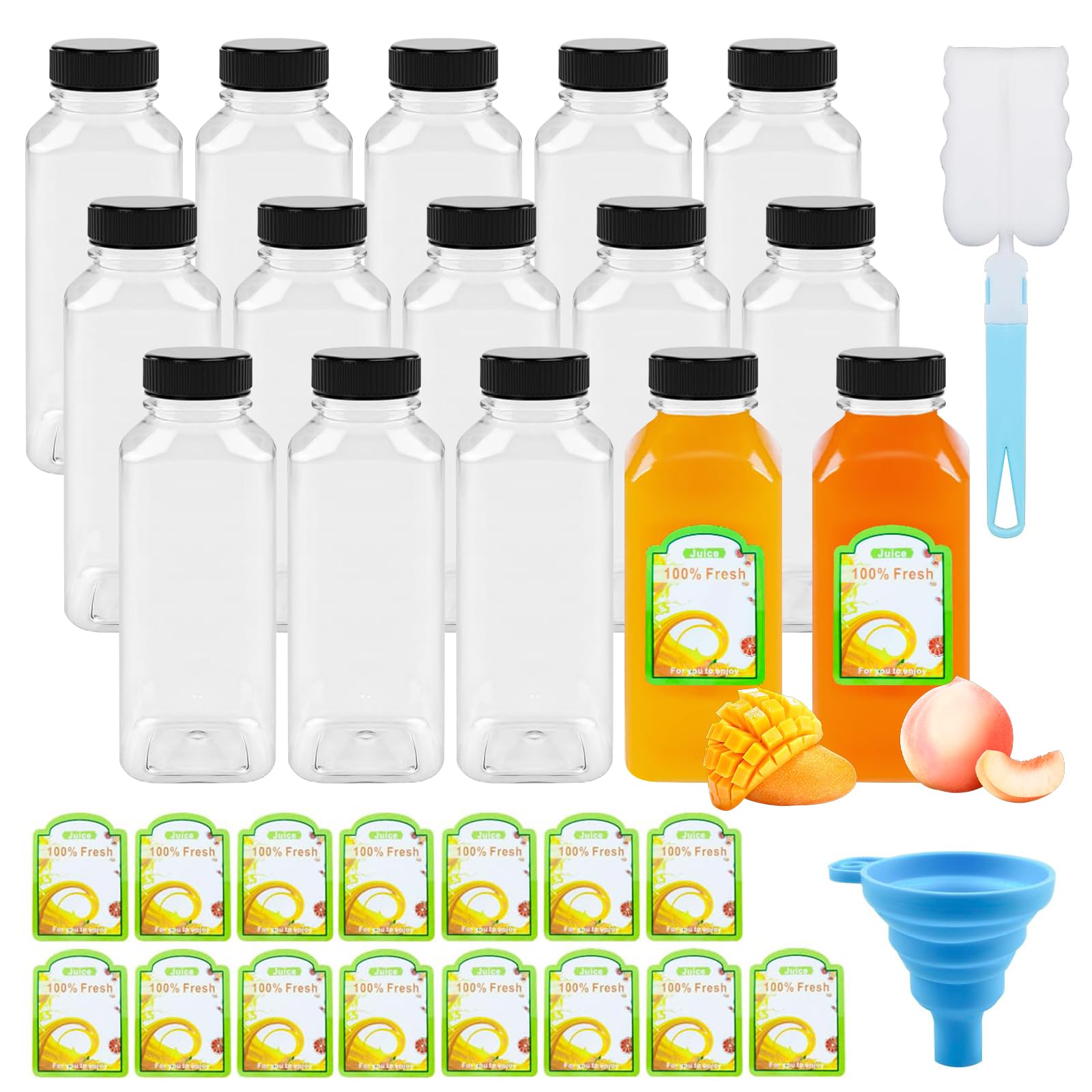 CoKeeSun 15 Pcs Juice Bottles 500ml/16oz, Shot Bottles with Lids Reusable Mini Plastic Bottle Set with Funnel, Cleaning Brushes, Stickers for Storing Juices, Drinks, Milk, Water (Black)