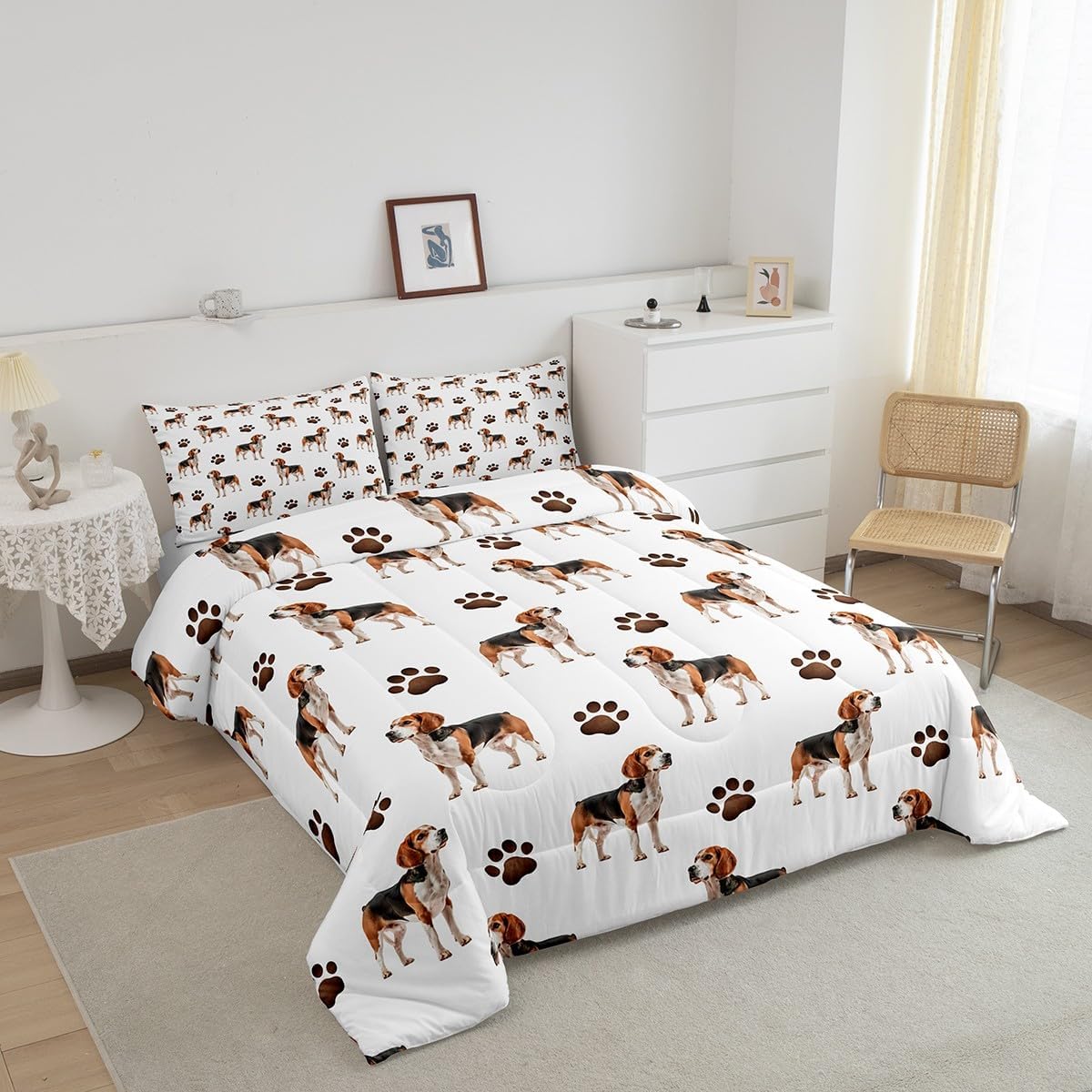 Castle Fairy Beagle Dog Comforter Set Cute Puppies Paw Print Bedding Set Cartoon Pets Bedding Home Decor White Brown Comforter Queen Size 3 Pieces Quilted Comforter with 2 Pillowcase