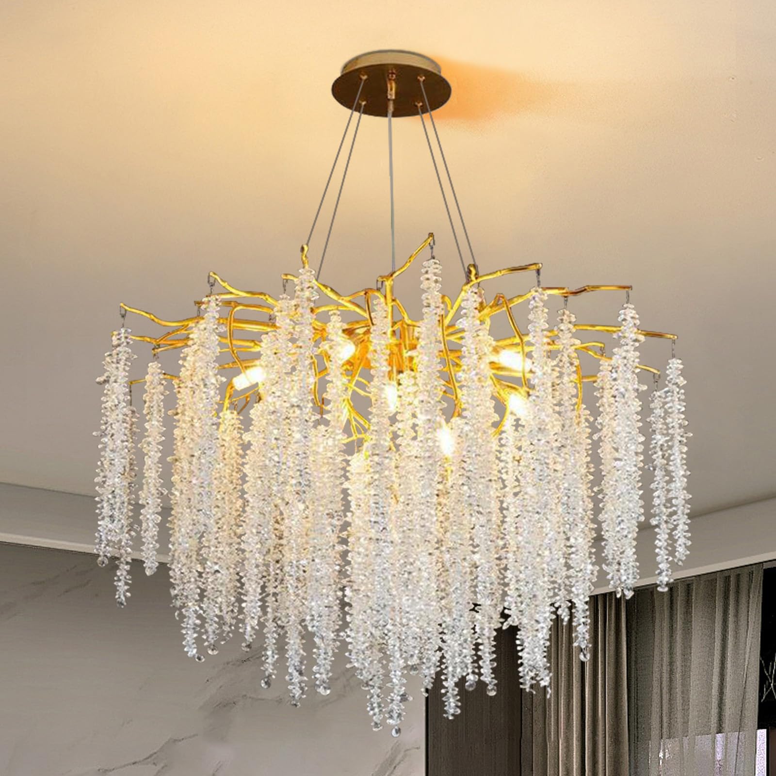 MESOVFCA Modern Crystal Tree Branch Chandelier, Gold Aluminum Crystal Raindrop Chandeliers Indoor Hanging Pendant Light Fixture for Dining Room Kitchen Island Living Room Bedroom,Round D80CM