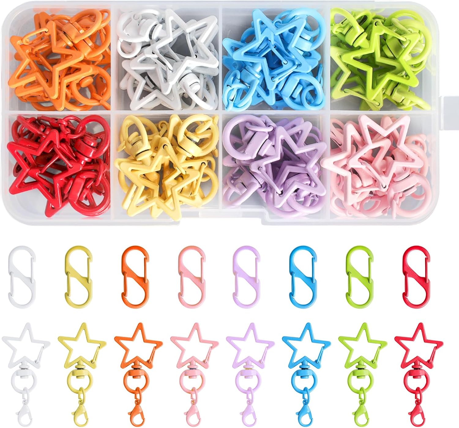 Carabiner Hooks Small Set, 24 Pieces Colourful S Mini Carabiner and 24 Pieces Colourful Star Key Ring, Metal Double Carabiner with Box for Outdoor, Home, DIY Accessories, Backpack, Keys