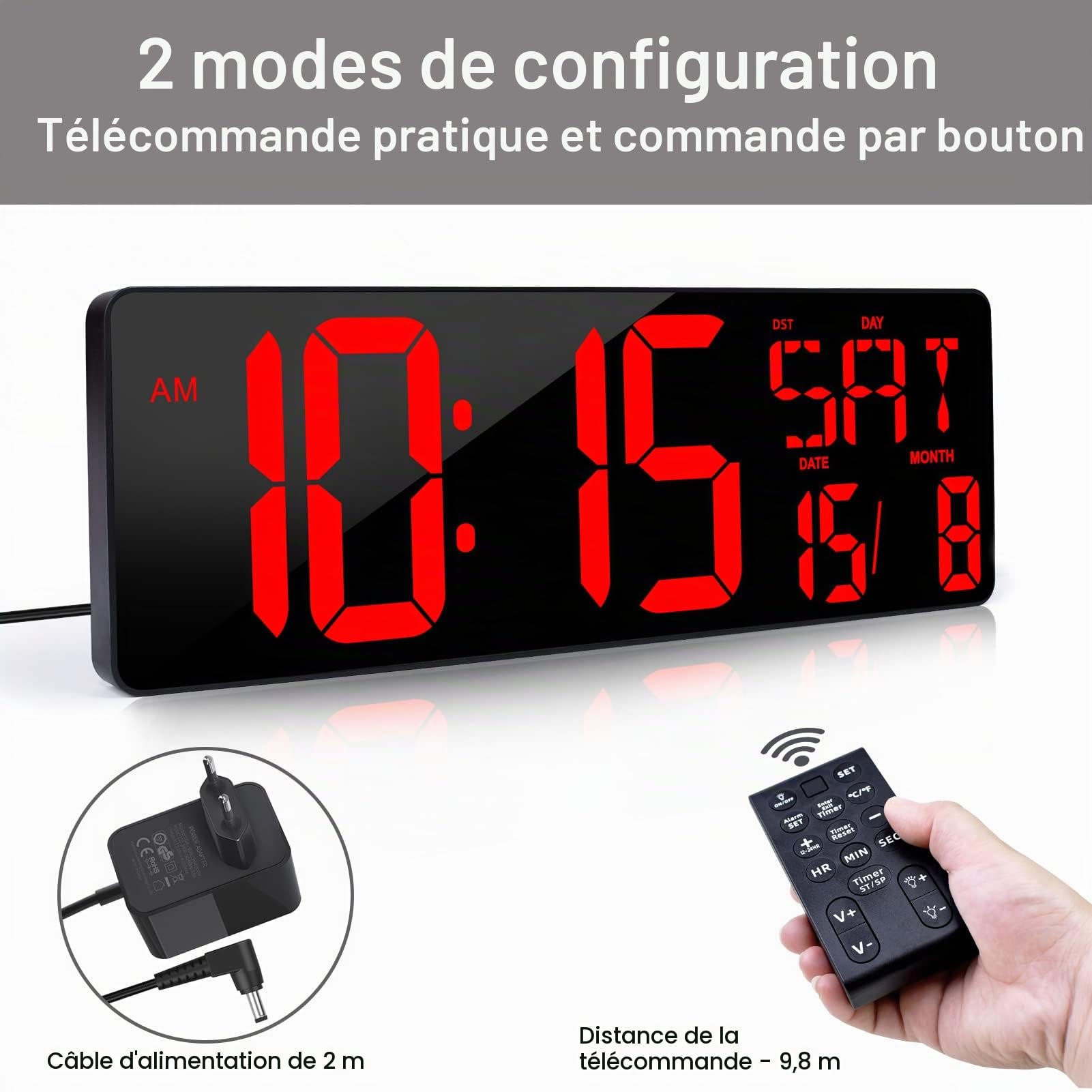 XREXS Horloge Murale LED 16,5" Télécommande Luminosité Réglable