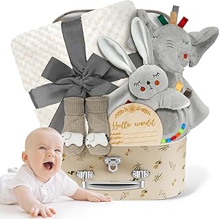 Unique Baby Boy Gift Basket Set: Blanket, Rattle, Milestone Keepsake & Elephant Toy