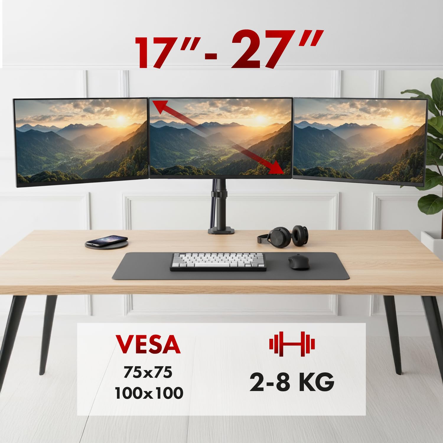 Maclean MC-137 - Supporto per 3 monitor da 17 a 27", con molle a gas, regolabile in altezza, girevole, inclinabile, robusta struttura in acciaio, VESA 75 x 75, 100 x 100, gestione dei cavi, nero