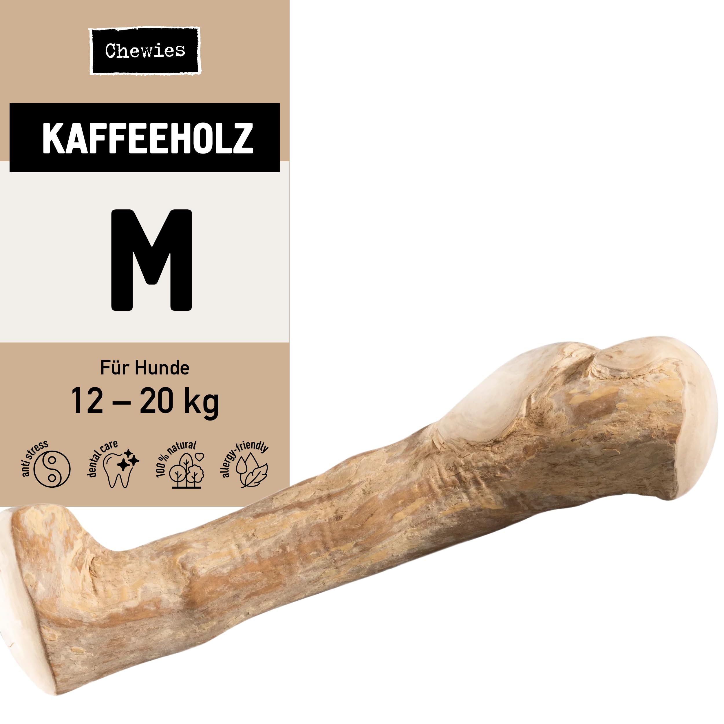 Chewies 1Er Pack Kau-Knochen Hunde-Spielzeug Aus Kaffeeholz, 100% Natürliches Hundezubehör, Kauspielzeug Hund Bis 20Kg, Kaustab Größe M, 042044, Größe: M - Für Hunde Bis 20Kg