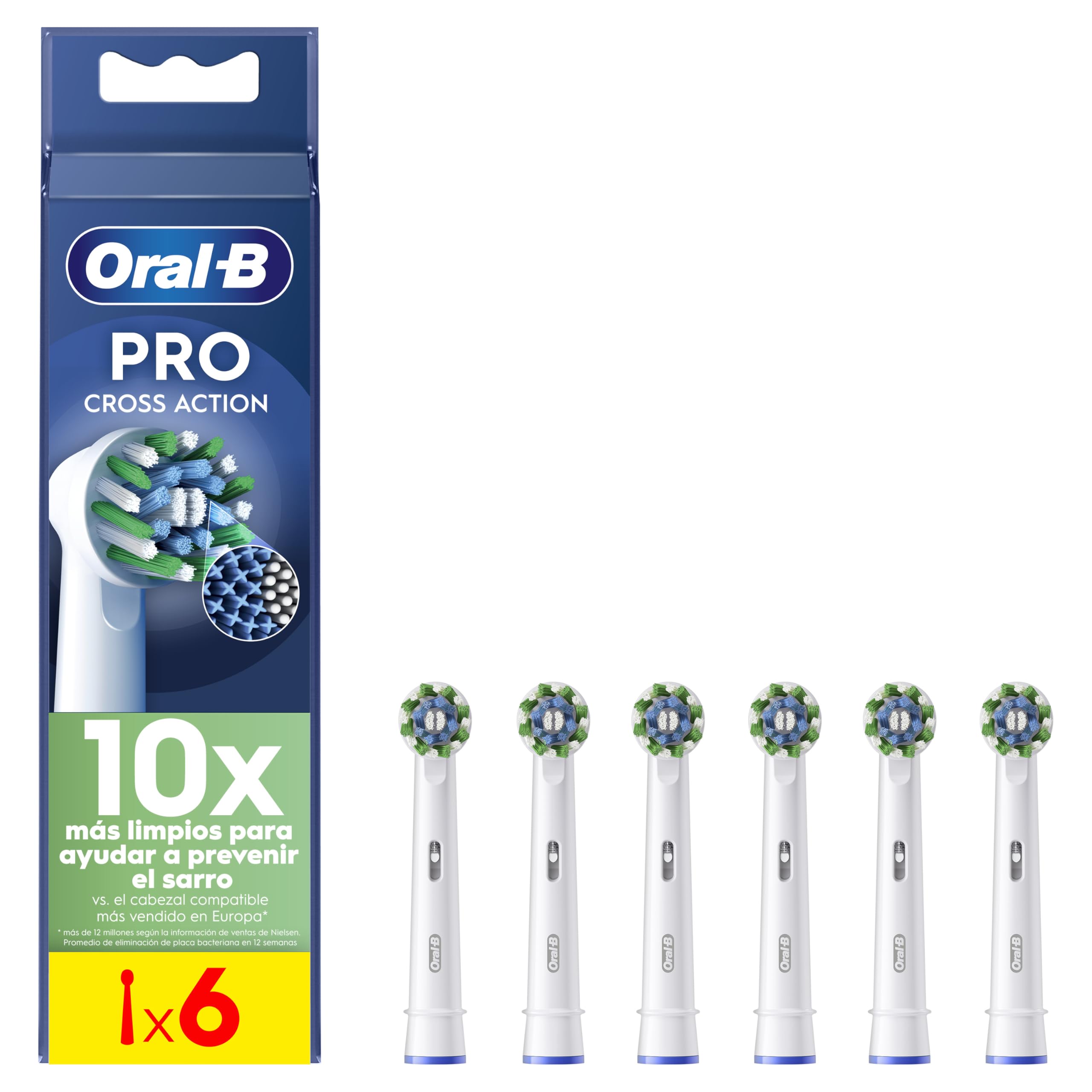 Oral-B CrossAction Cabezales de Recambio Originales, Blanco, Pack de 6 - Recambios para Cepillo de Dientes Eléctrico Oral B Pro, con Indicador de Uso, Eliminación de La Placa Bacteriana