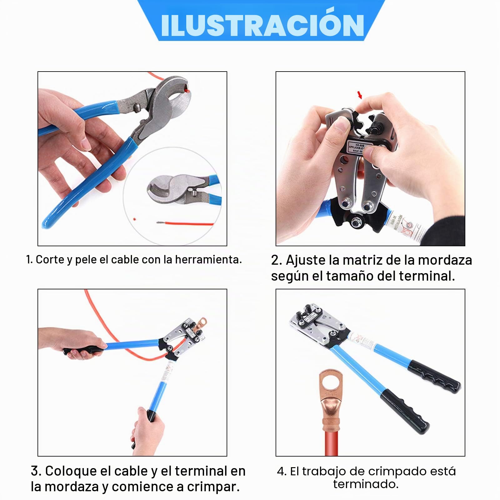 Glarks 42 herramientas de crimpado de cables de batería con cortador de cables y lengüetas de alambre, 2, 1/0 AWG