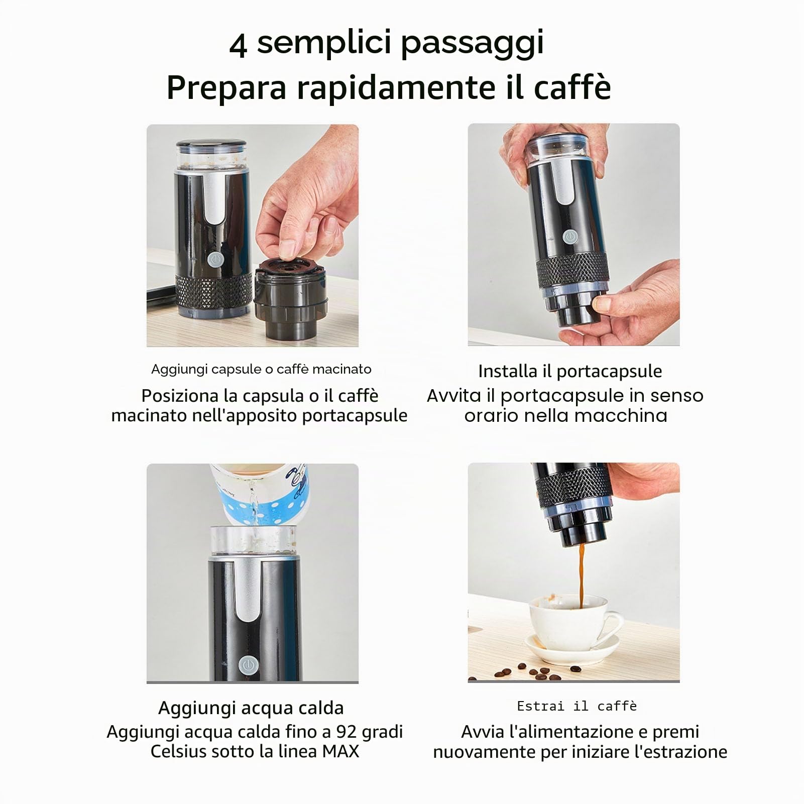 Macchina per Caffè Espresso Portatile 2 in 1 Macchina Caffè Elettrica con 1200 mAh Batteria Ricaricabile per Campeggio Viaggi, Compatibile con Le Cialde Americane K-Cup