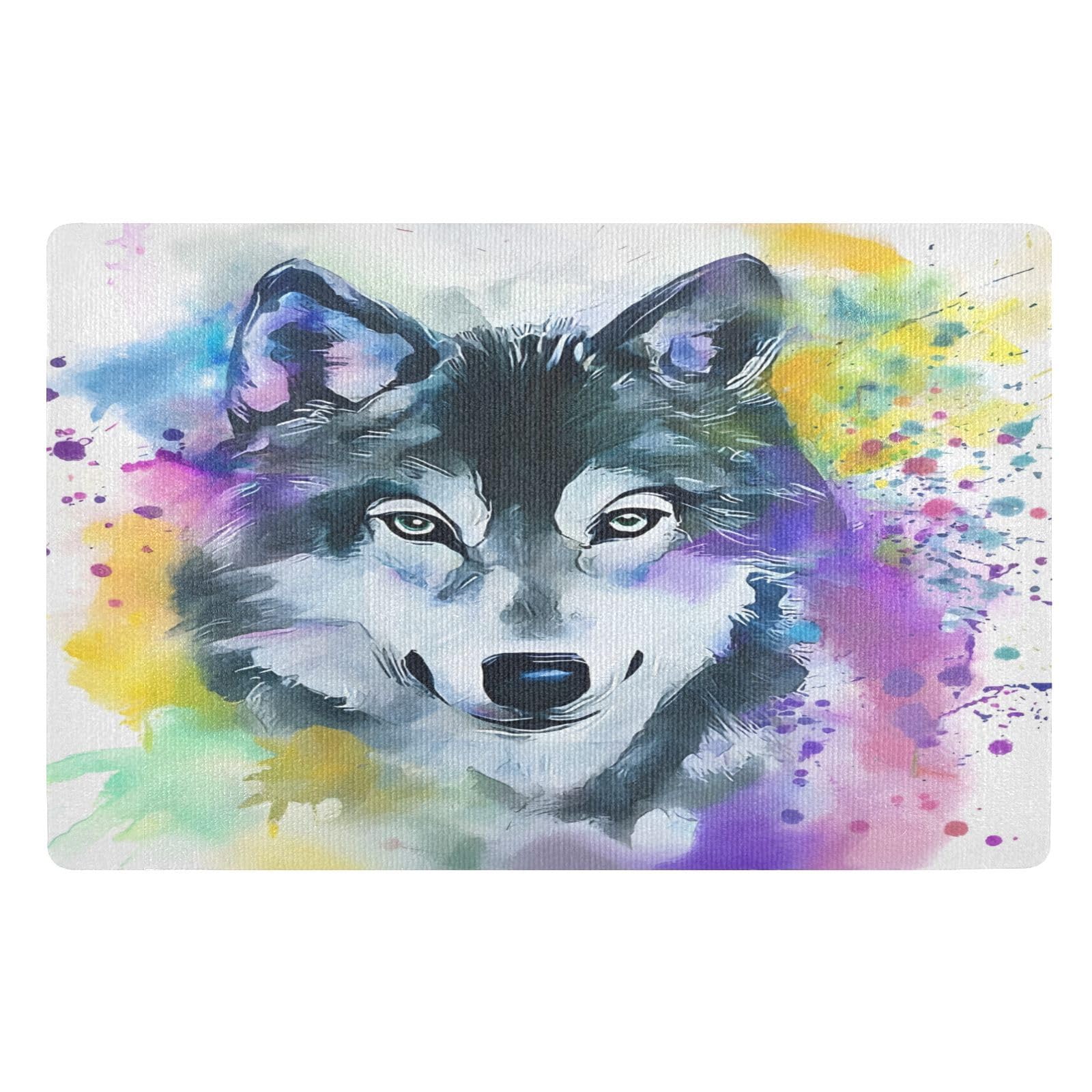 Tapis entrée loup aquarelle 50x80 cm antidérapante pour couloir propre