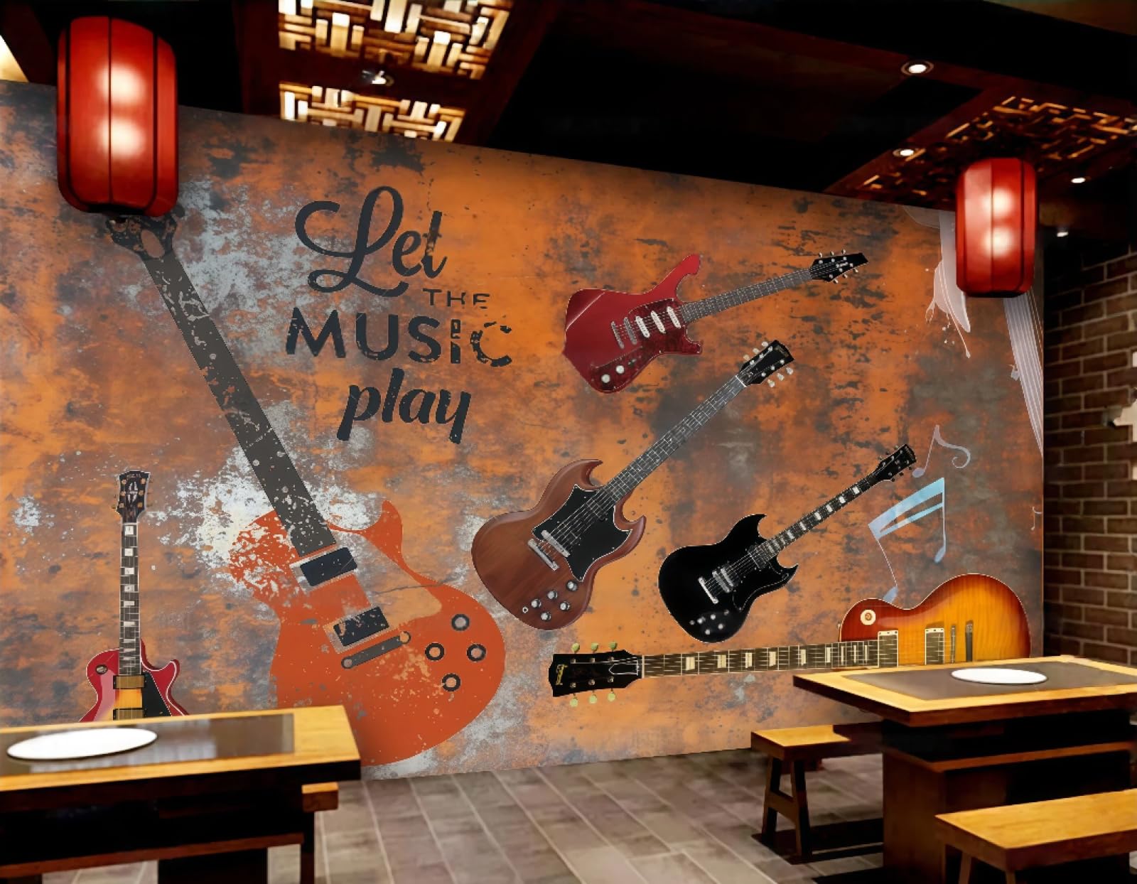 rskjdghshd Wallpaper Retro Nostalgic Metal Electric Guitar Music Bar Afternoon Tea Dessert Shop Background Wall Western Restaurant Wallpaper Cafe Mural,3D,150x105cm