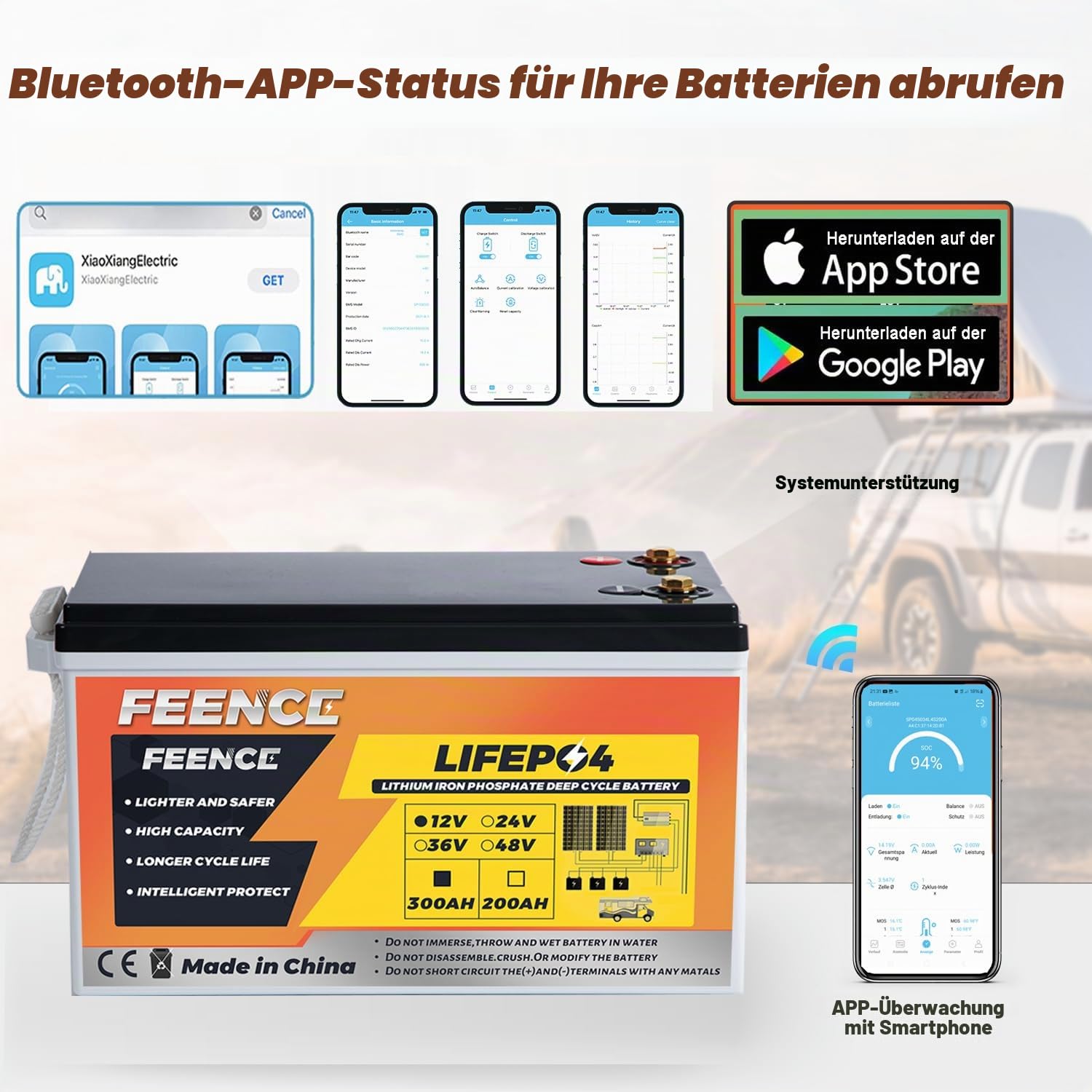LiFePO4 300Ah 12V Lithium Akku, 3840Wh Lithium Batterie mit 200A BMS, max. 15.000 Ladezyklen, idealer Ersatz für Bleiakkus in Wohnmobilen, Solaranlagen, Booten, Solarmodul-Sets und beim Camping.