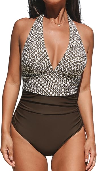 CUPSHE Costume da Bagno da Donna Halter Scollo a V Shirring Costume Intero - 1