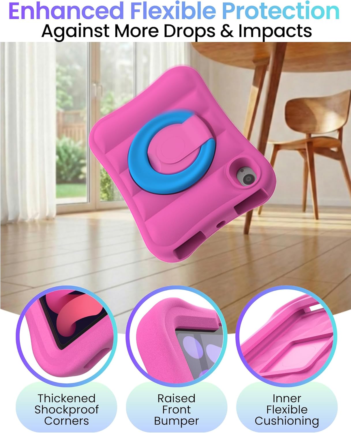 MRWHO Kids Case for iPad mini 6th Gen 8.3 inch - Lightweight Flexible Shockproof iPad mini 6 Gen case with Folding Handle Stand (Pink Blue)