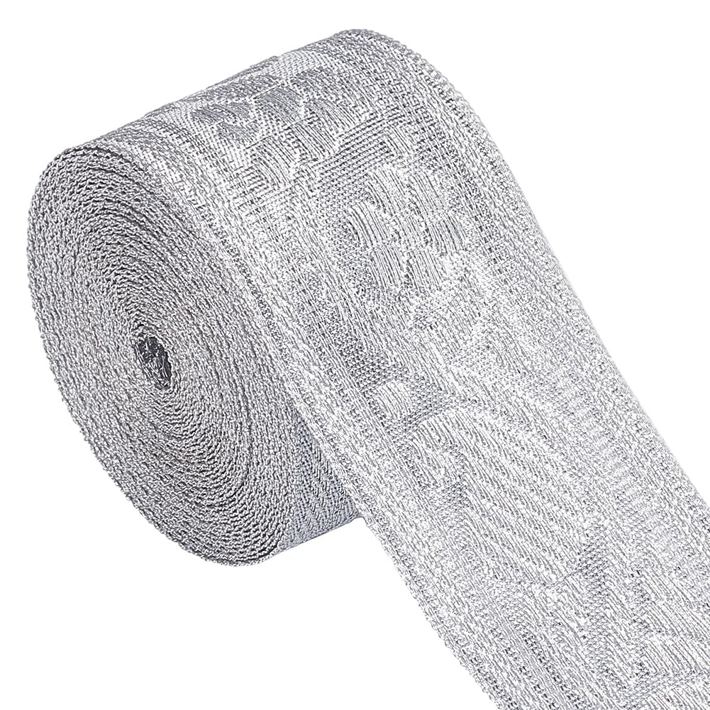 GORGECRAFT 5 Yards 42mm Silver Metallic Jacquard Trim Vintage Floral Emobridered Double Sided Woven Trim Ribbon Glitter Diy Craft Embellishment for Gift Wrapping Bouquet Sewing Wedding Handmade