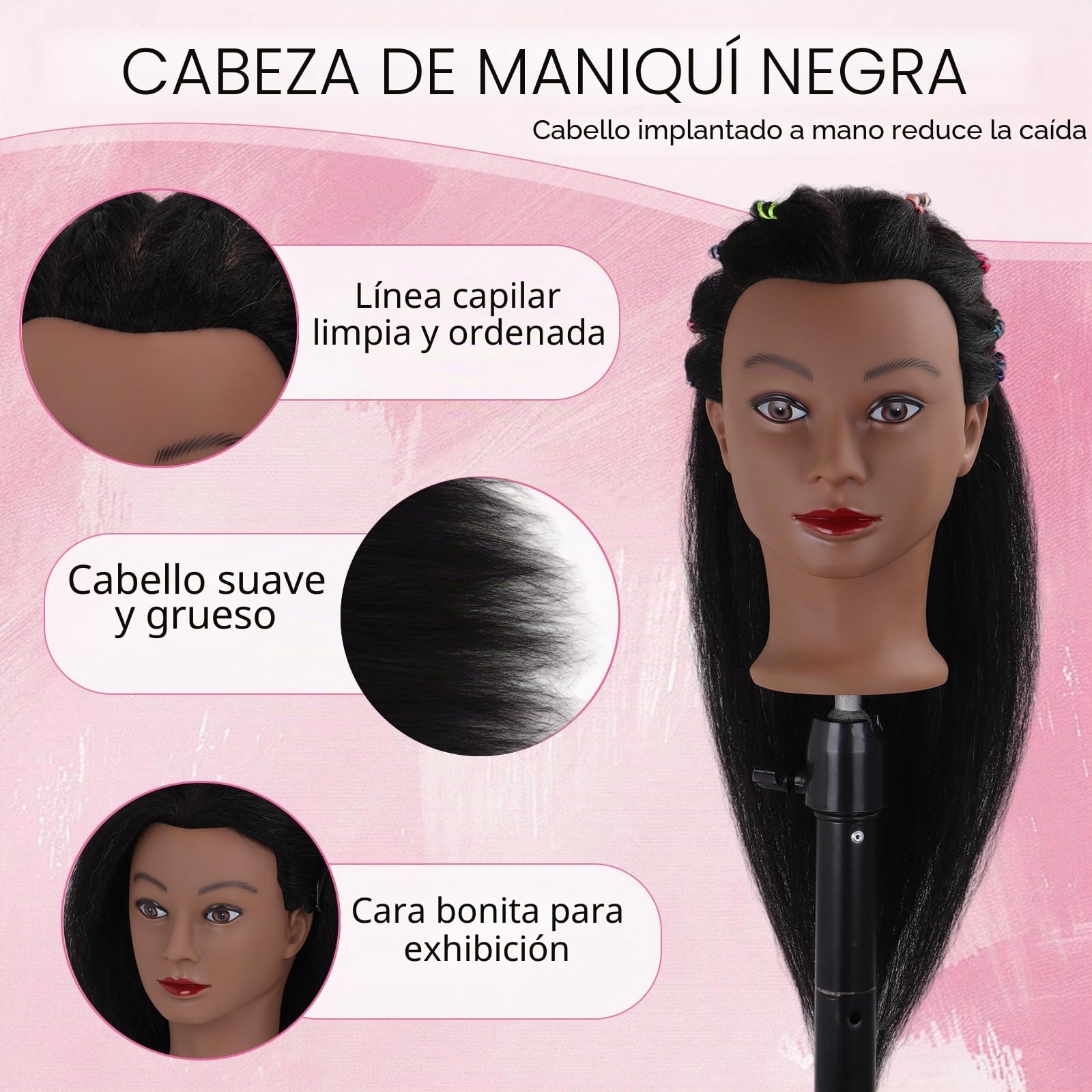 DiazySight - Cabeza de maniquí afro negra 100% cabello humano real, muñeca de cabeza recta de 18 pulgadas para que las niñas practiquen, cabeza de peinado y kit de práctica para entrenamiento de