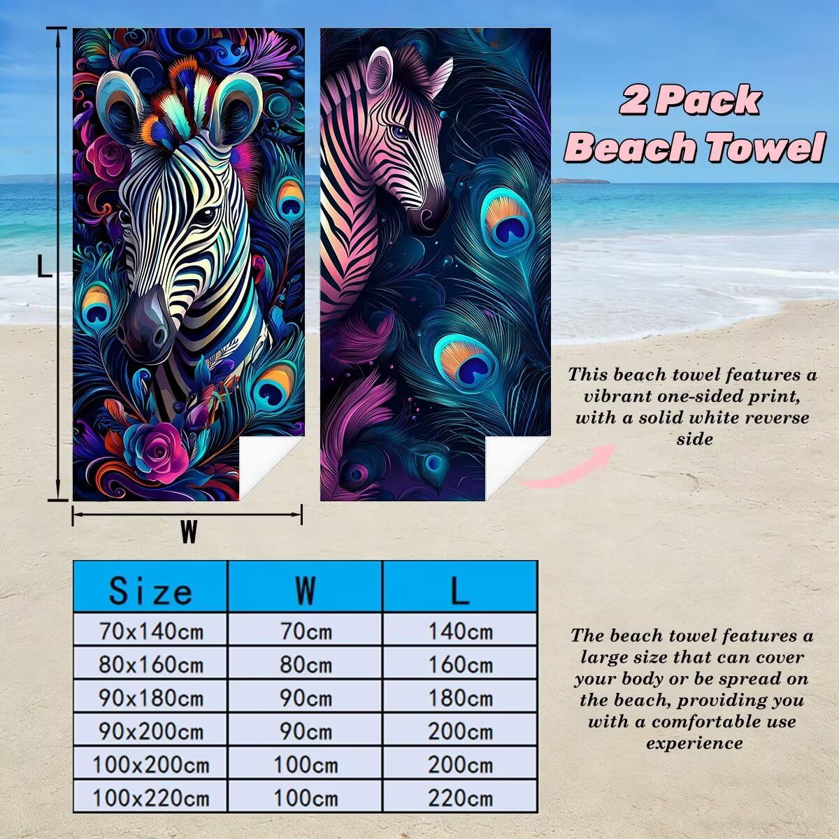 Ręcznik plażowy XXL, 90 x 200 cm, zestaw 2 szt., z mikrofibry, ręcznik plażowy, zebra, szybkoschnący, do sauny, fitness, bez piasku, ręcznik plażowy, do sauny, duży ręcznik kąpielowy, prezent dla