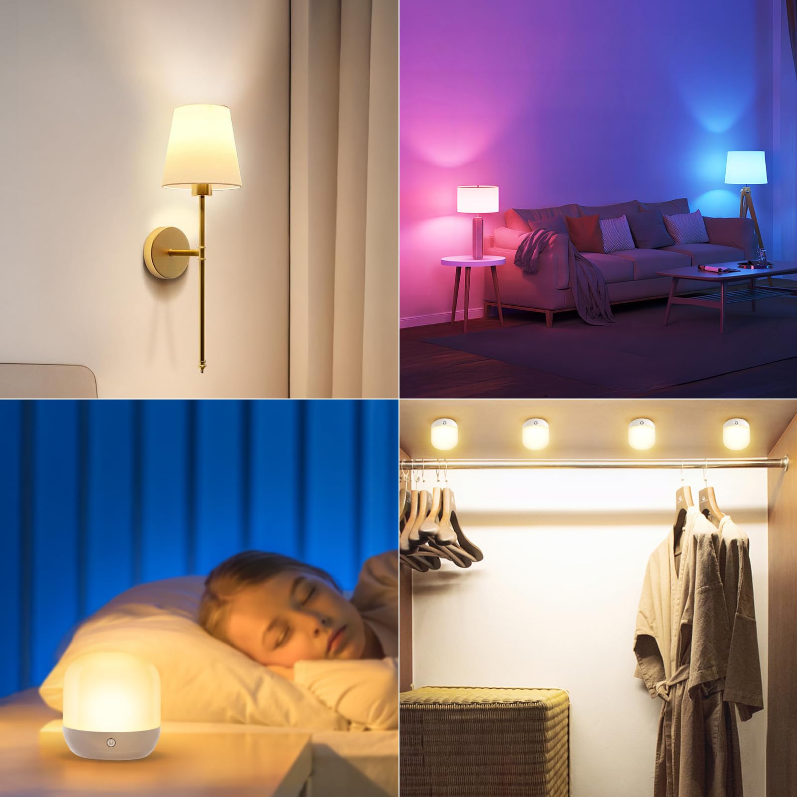 Juego de bombillas recargables que funcionan con pilas con estación de carga magnética 3 en 1 y control remoto, bombilla LED desmontable regulable inalámbrica con 15 colores seleccionables para