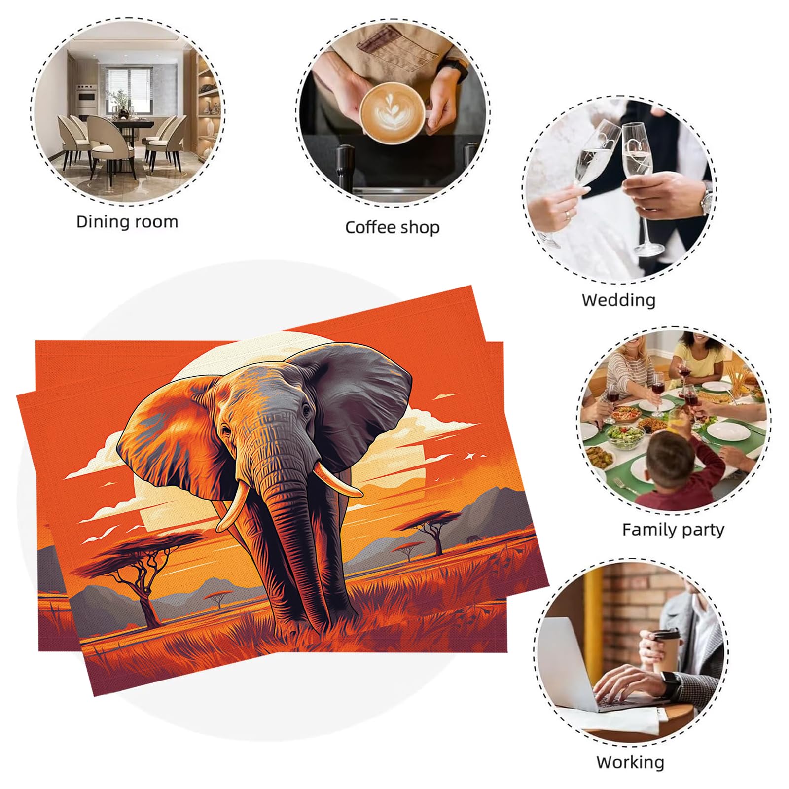 Tovaglietta Americana Animali africani in Cotone Lino Rettangolare - Tovagliette Set di 8 Elefante Resistente al Calore per La Cucina, Il L'Ufficio, 30 x 45cm