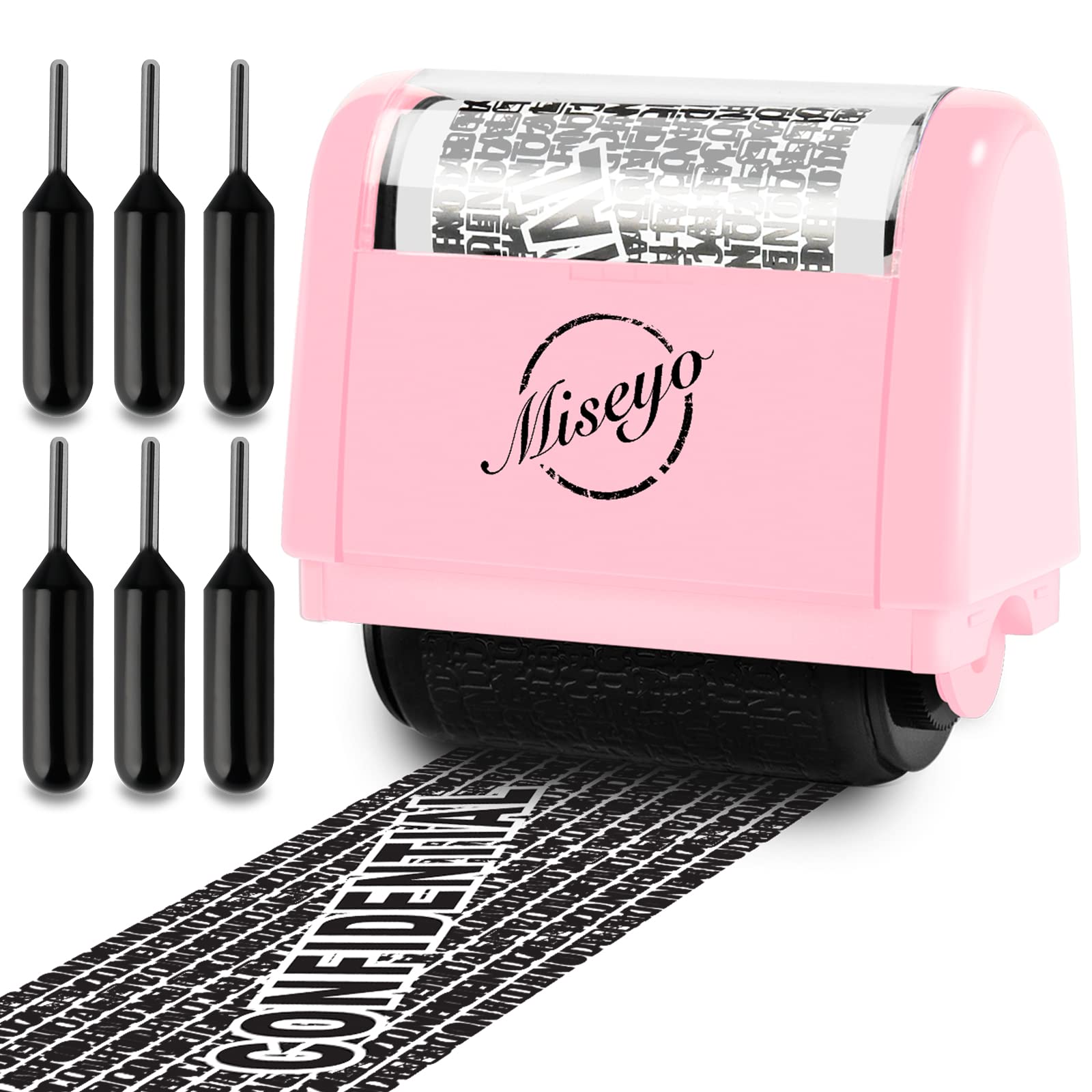 Miseyo Identity Theft Protection Roller Stamp Set - Pink (6 Refill Ink Incleded)