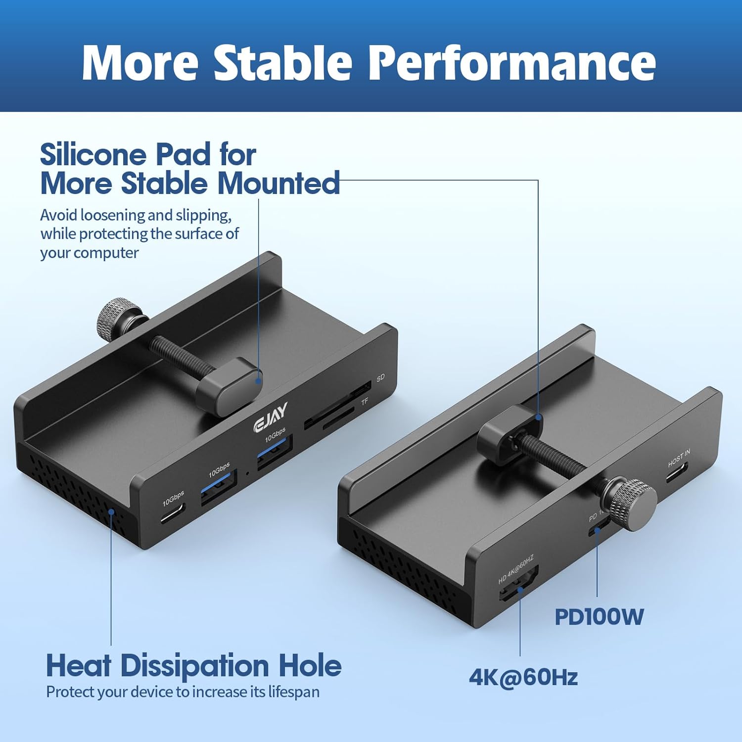 Ejay 7-in-1 Clamp USB C Hub, 10Gbps USB 3.2 Gen 2 Desk Mount Docking Station with 4K@60Hz HDMI, 100W PD, SD/TF Card Reader, Aluminum Monitor Mount Hub for MacBook Pro, XPS, PC(Black)