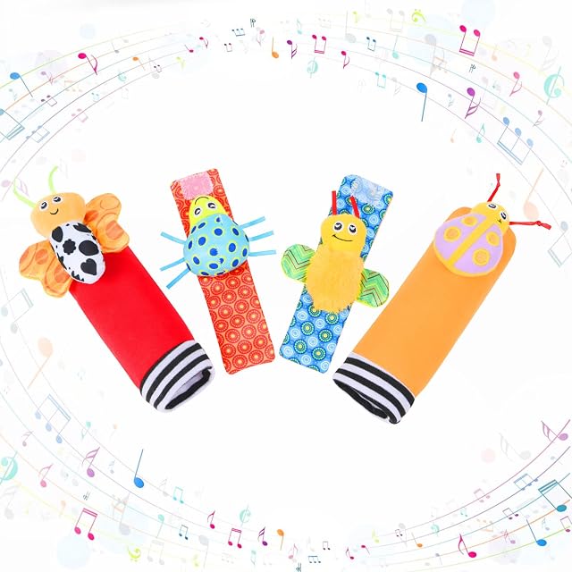 Vicloon Baby Rattle Socks Wrist Strap Rattles Set, 4pcs Baby Wrist Rattles Toys, Foot Finders & Wrist Rattles for Infants, Baby Rattle Toy Animal Wrist Rattle Soft Bell Gift for 0-6 Month (Insect