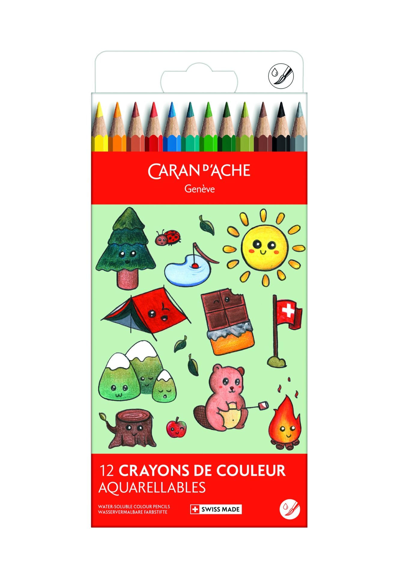Caran d'Ache Kawaii Swisscolor Water-Soluble Colour Pencils Cardboard Box with 12 Assorted Colours, Swiss Mountains, Kids Drawing, Colouring, Art Pencil, School, Stationery Supplies, Creativity