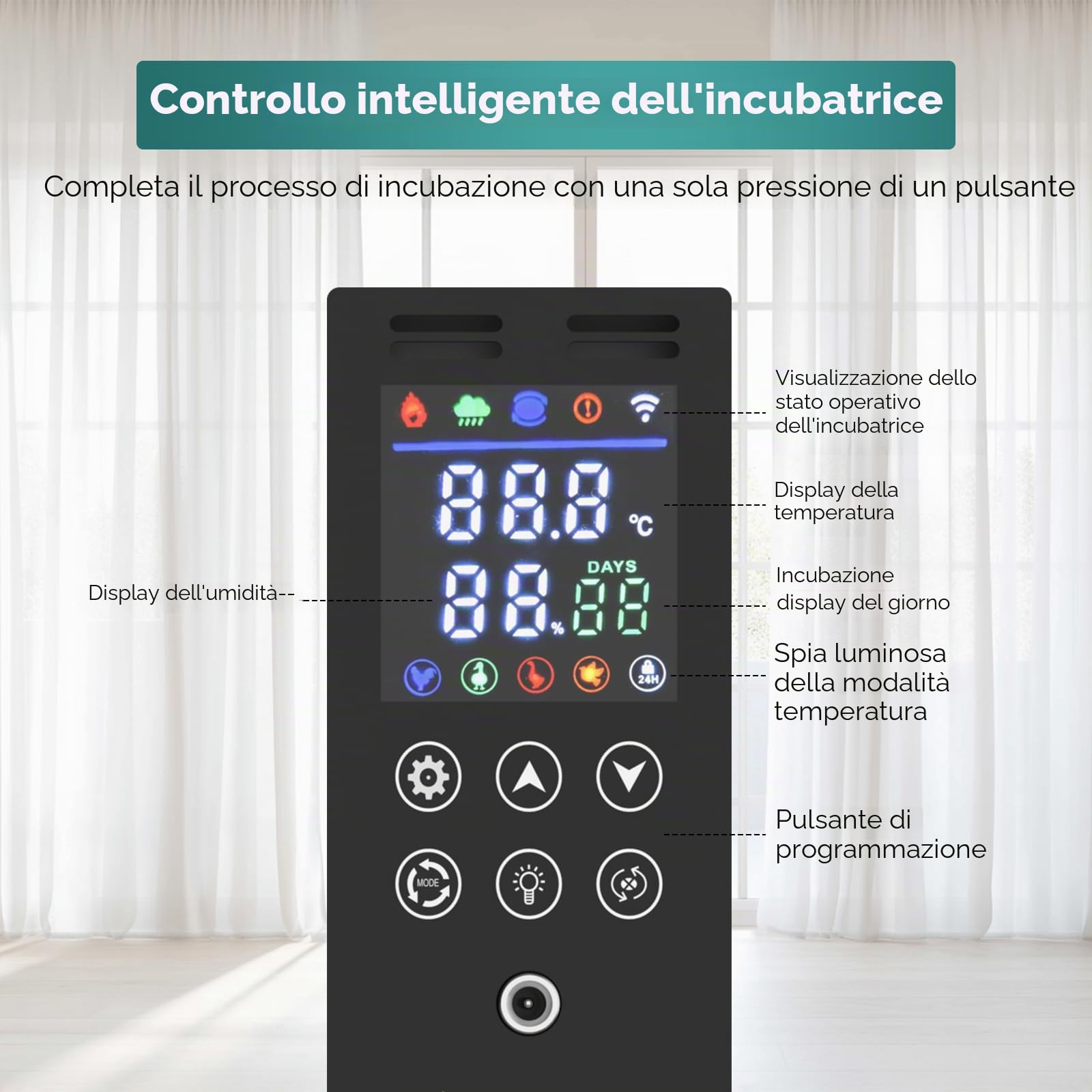 Macchina incubatrice completamente automatica, 24 uova con paletta automatica e controllo della temperatura, doppio alimentatore, incubatrice incubatrice per polli, quaglie, anatre (A)