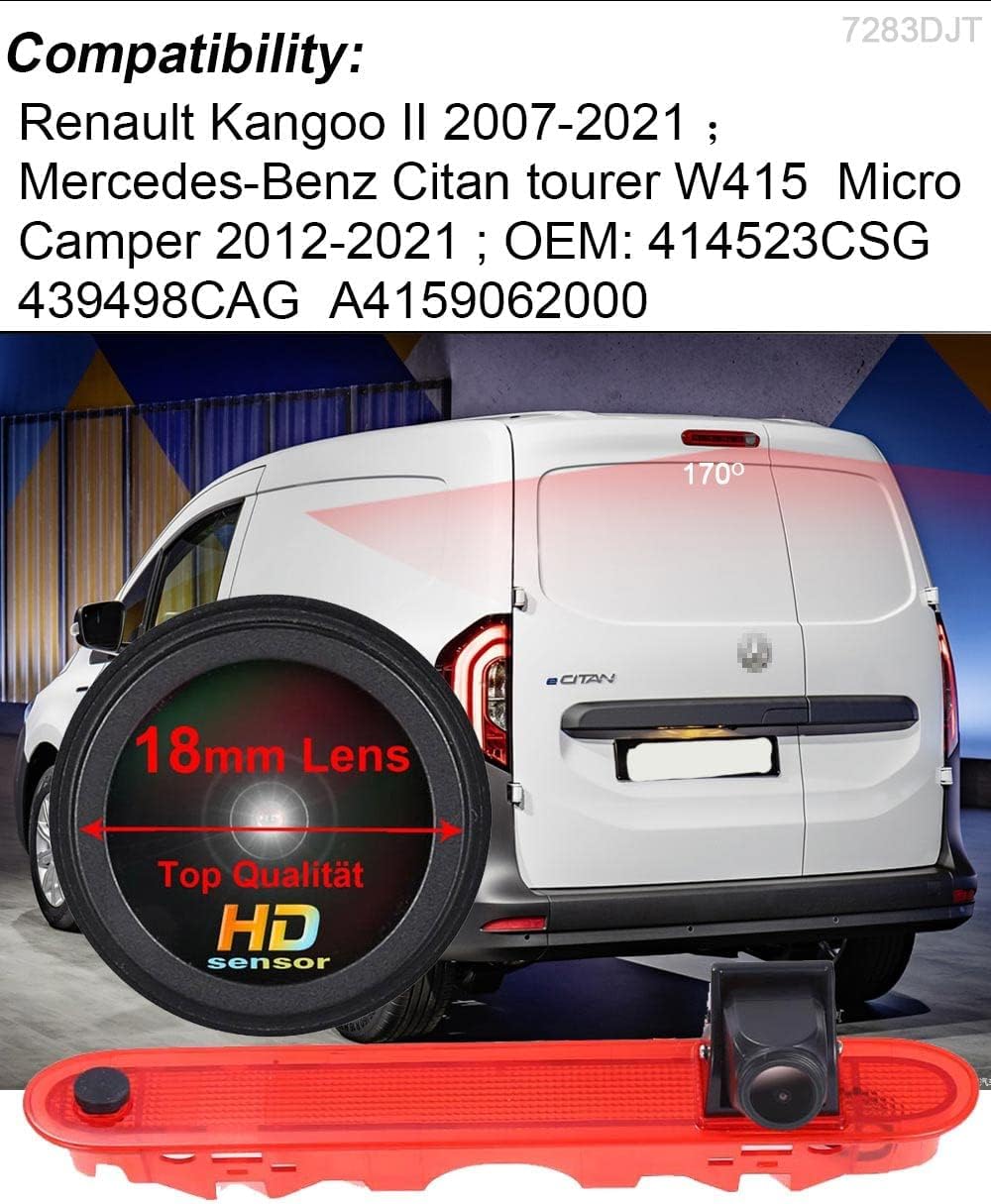 Moniteur LCD TFT 7 pouces + 1280 x 720 pixels dans le 3ème feu stop feu stop toit caméra de recul pour Renault Kangoo II 2007-2021/Mercedes Benz Citan Tourer W415 Micro Camper 2012-2021