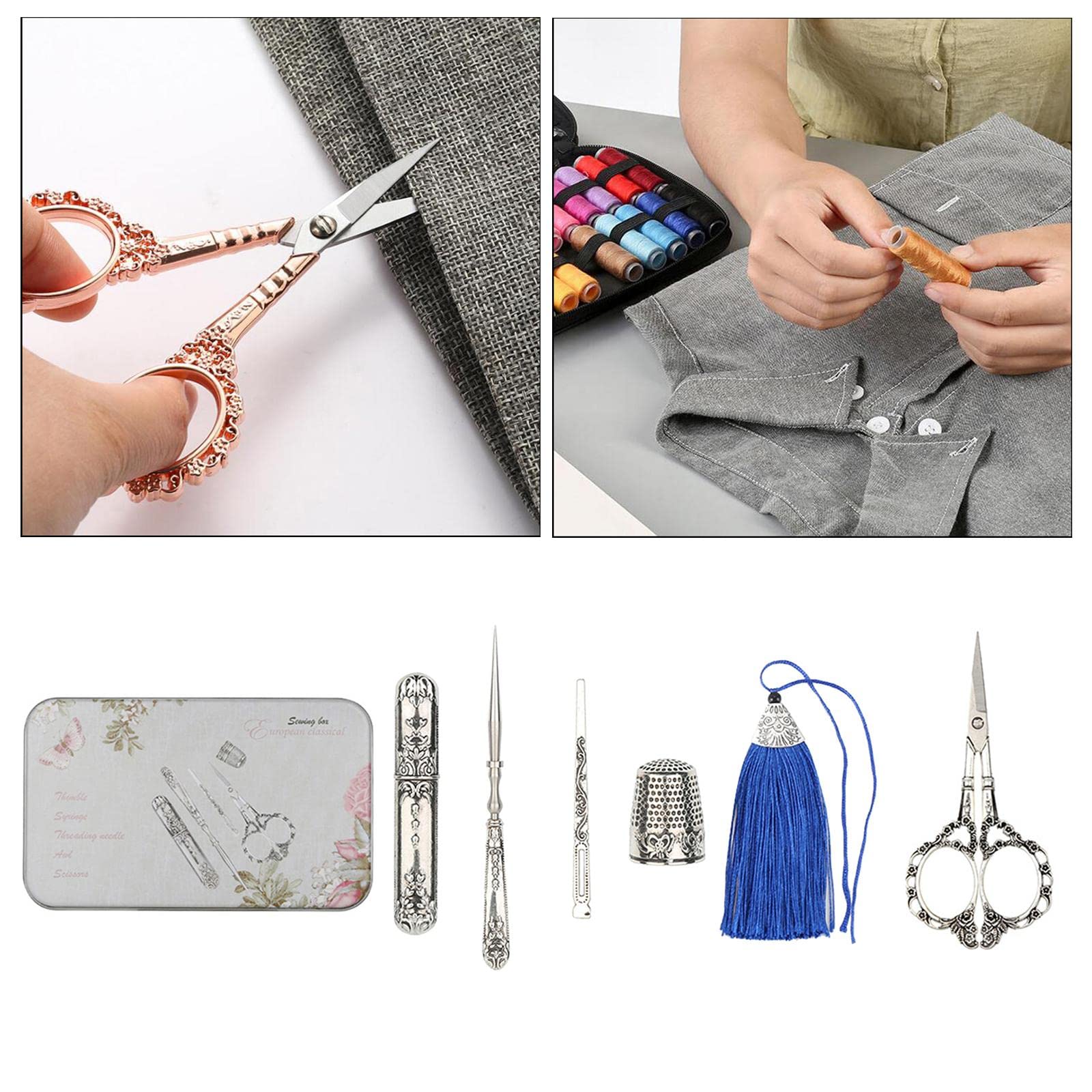 5 Teiliges Vintage Silber Scherenset für Sammler Oder Bastler, Inklusive Stickschere, Nähkästchen, Und Bastelzubehör, Pflaumenblüte