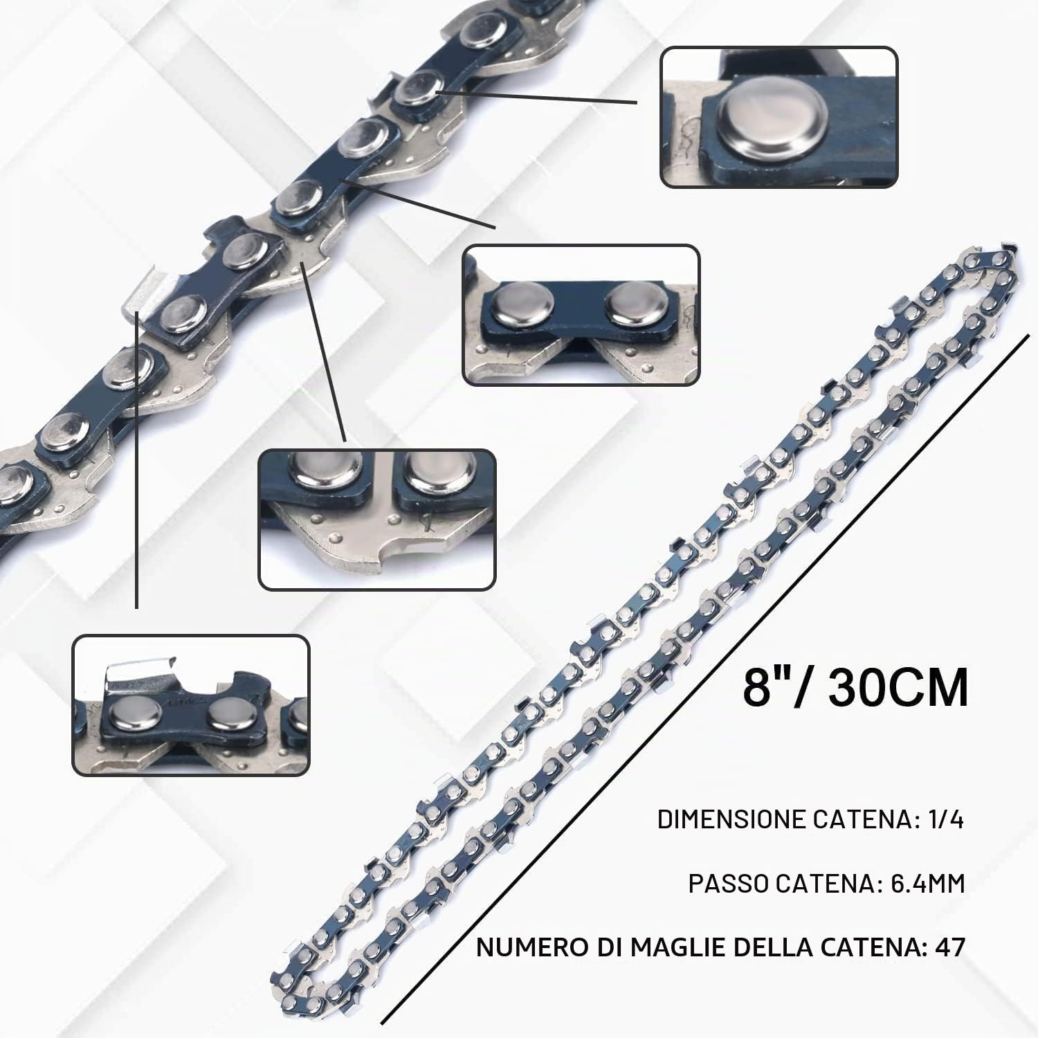 Catena per Motosega, 47 Maglie di Trasmissione per Guida-Catena da 20,32 cm (8 Pollici), catena di Ricambio ad Alta Durabilità per Motosege Senza Fili - 1 Pezzo