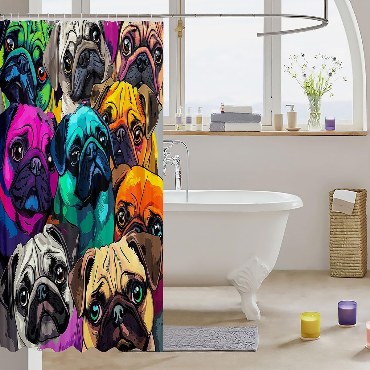 Erosebridal Pug Shower Curtain Lovely Pug Dog Bath Curtain Colorful Pugs Fabric Shower Curtains for Kids Boys Girls Cartoon Pet Animals Waterproof Curtain Sets for Stalls Bathtubs 72" W x 84" L