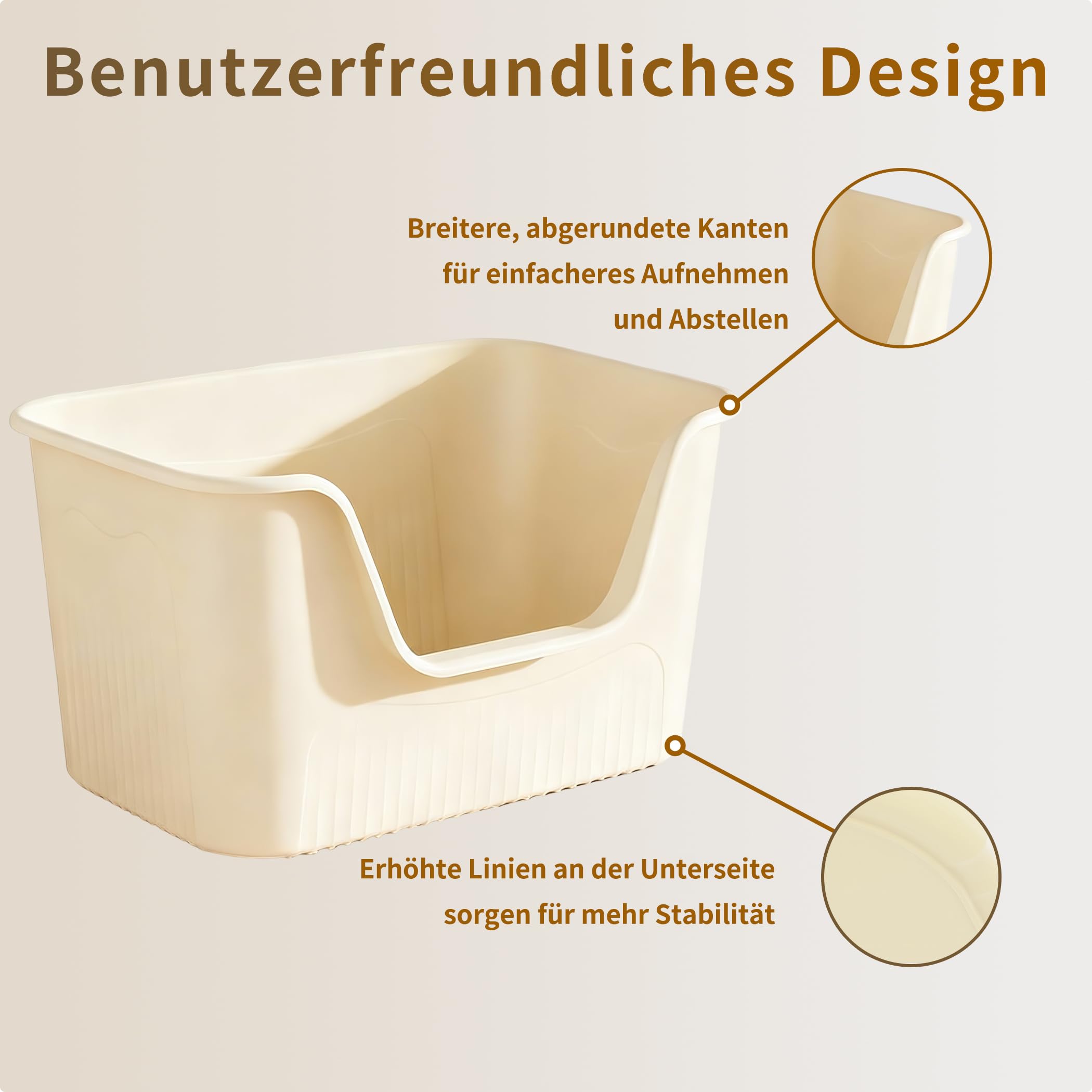 Extra große Katzentoilette mit hohem Rand, Maße 68 x 44,5 x 35,5 cm, inklusive Schaufel, aus Kunststoff, offene Oberseite, tiefes, spritzwassergeschütztes Design, niedriger Einstieg, cremefarben