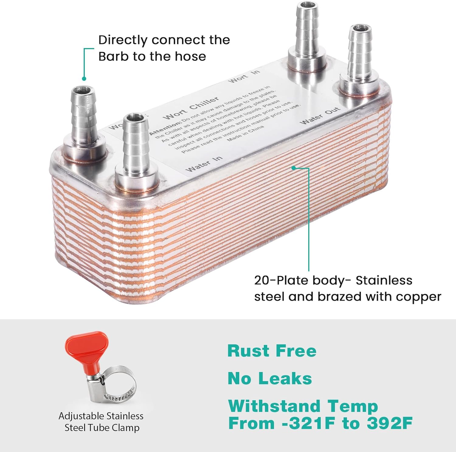 MRbrew Wort Chiller 20 Plates, 1/2 Barb Fitting Connection, Brazed Plate Copper Heat Exchanger for Homebrew, Stainless Steel 7.5" x 2.9" Plate, Hot Liquid Accelerated Cooler Quick Beer Cooling System
