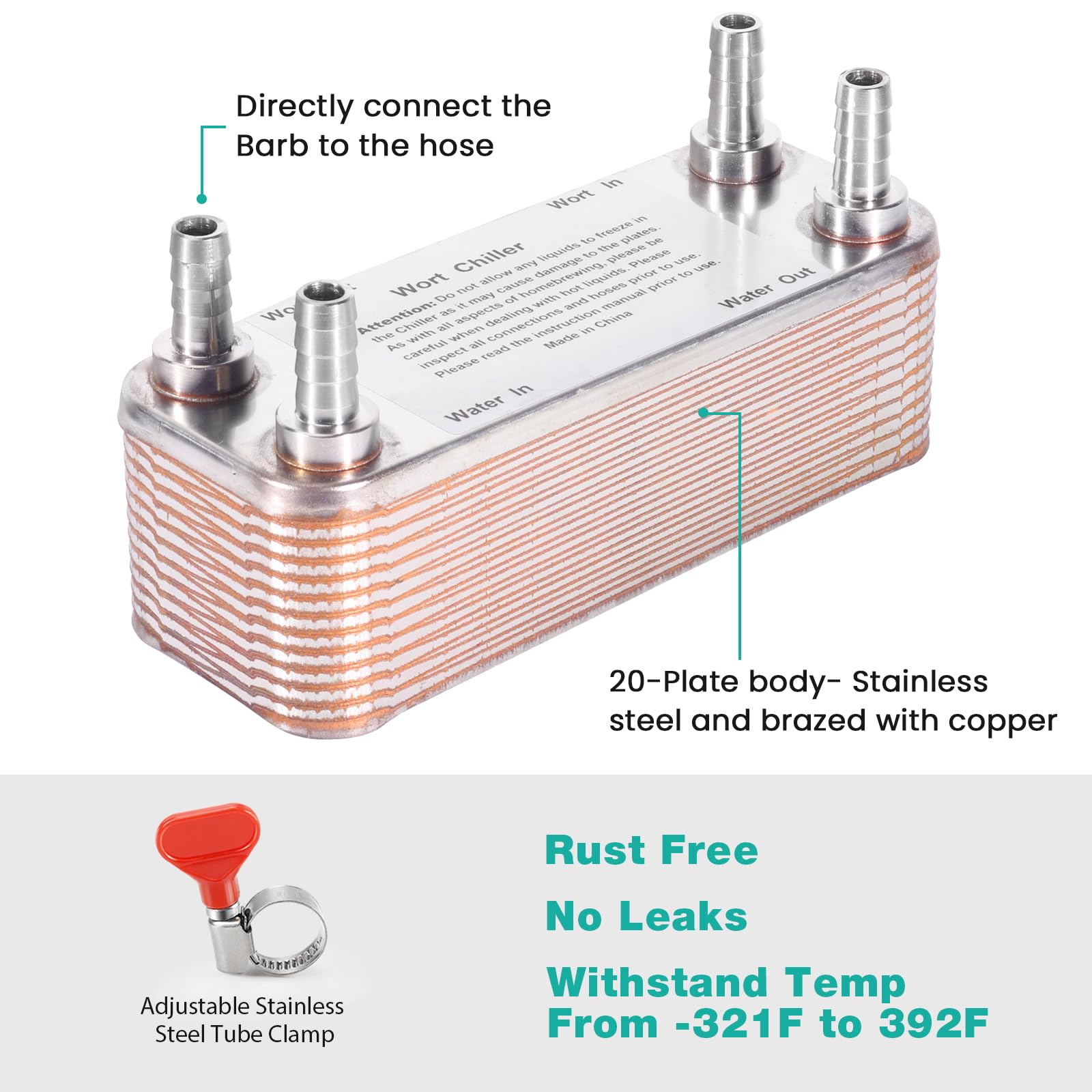 MRbrew Wort Chiller 20 Plates, 1/2 Barb Fitting Connection, Brazed Plate Copper Heat Exchanger for Homebrew, Stainless Steel 7.5