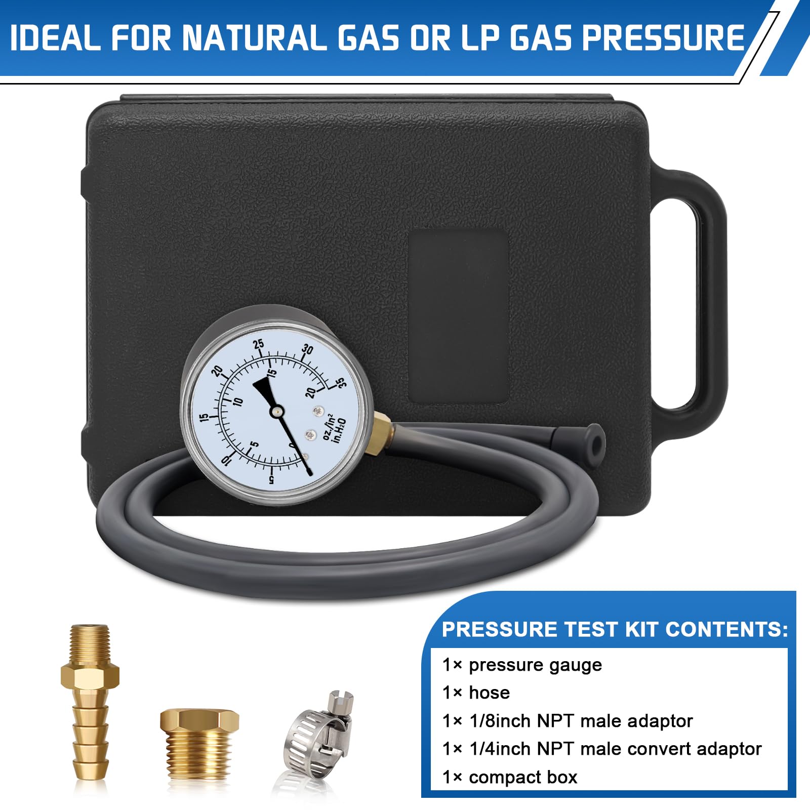 Boltigen Kit tester per la pressione del gas, manometro W.C da 0 a 35 pollici per gas naturale e propano, forno HVAC camino gas o valvola LP collettore kit di test di pressione con NPT da 0,3 cm