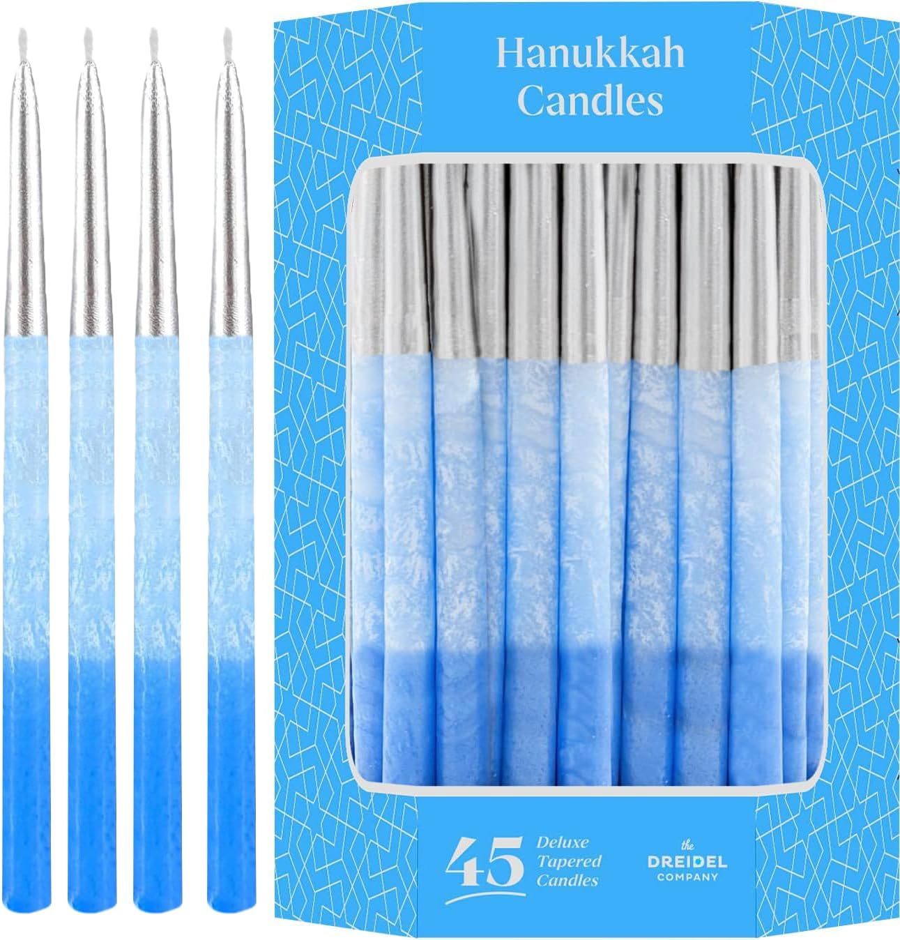 The Dreidel CompanyMetallic Hanukkah Candles Frosted Premium Tapered Hand Decorated Chanuka Candles (Metallic Silver w/Blue Frost)