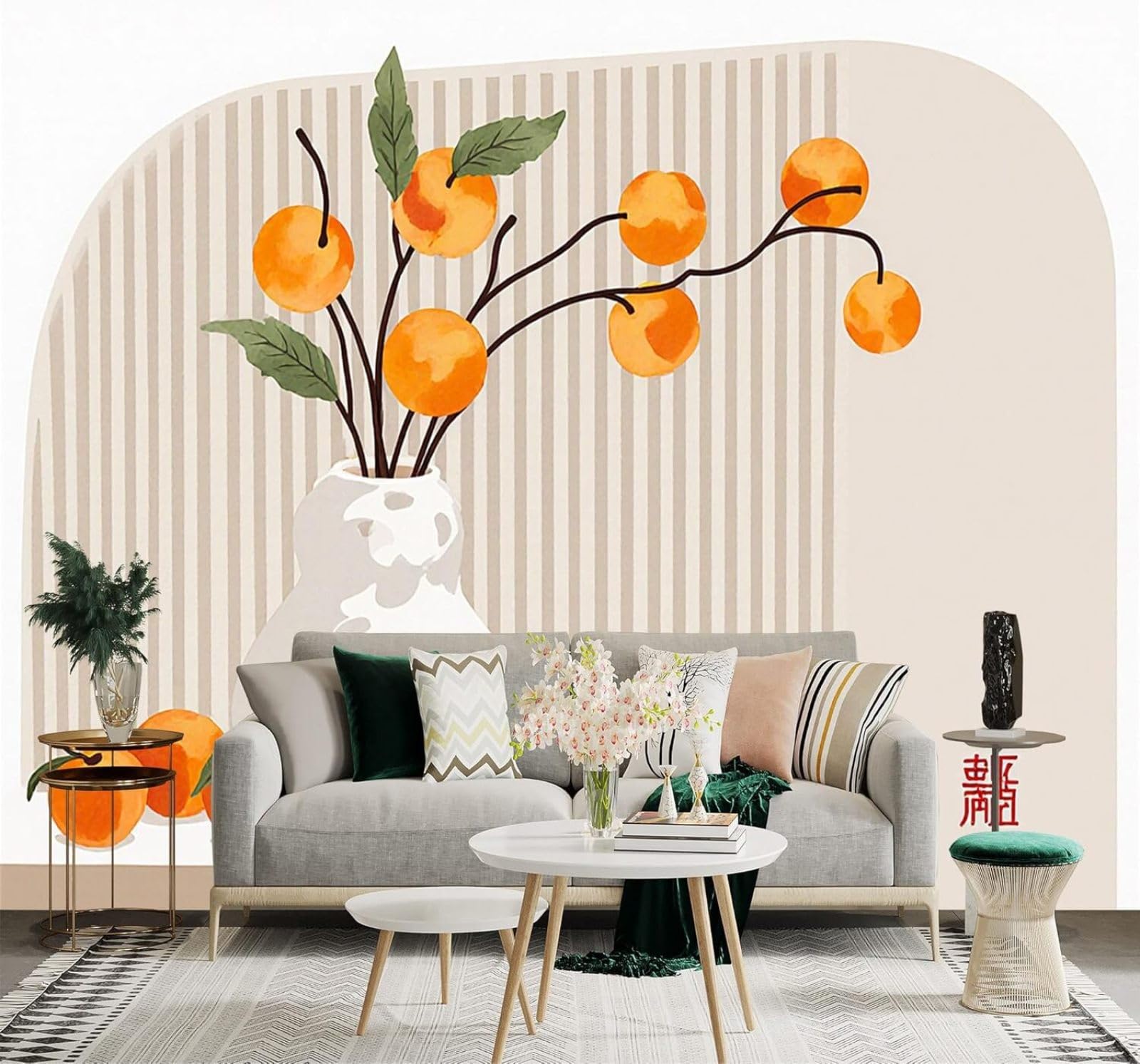 XLMING Minimalist Creative Vase Orange Fruit Branches Art 3D Wallpaper Silky Texture Home Study Office Grey Dining Room Sofa Bedroom Living Room TV Backdrop-150cm×105cm