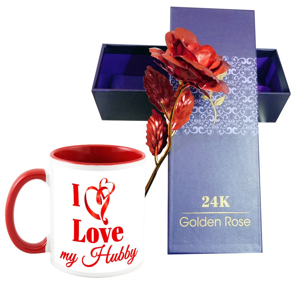 AllUPrints I Love My Hubby Red Coffee Mug With Red Golden Rose 11 oz (Best Valentine Gifts