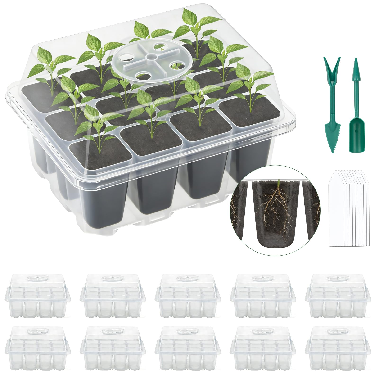 Lychee Seed Trays, 10 Pack 120 Cells Propagator Growing Thicken Seedling Starter Growing Trays with Lidded/Rotatable vent design for Greenhouse & Gardens (Transparent,10Piece)